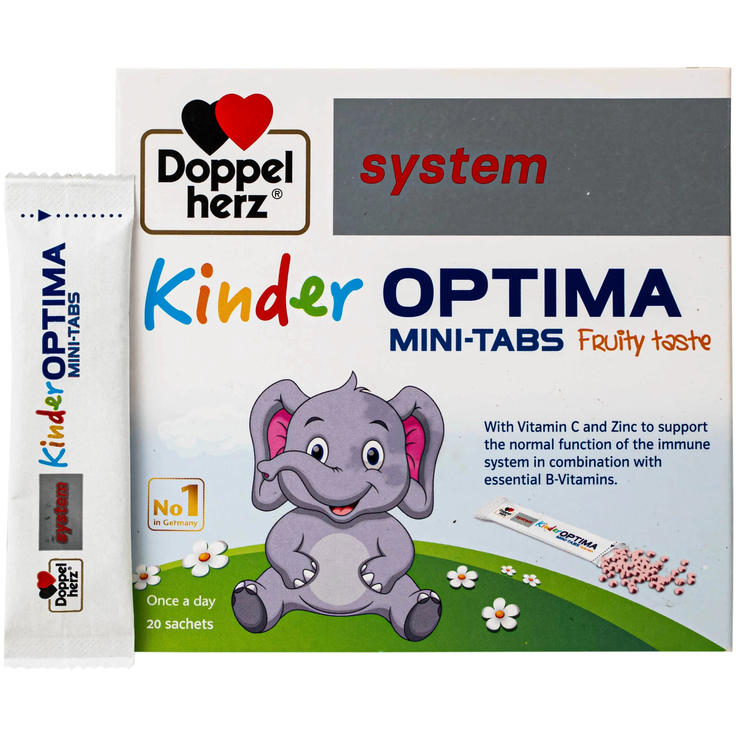 Cốm bổ sung các vitamin, giúp tăng cường sức đề kháng cho trẻ Doppelherz Aktiv Kinder Optima Mini-Tabs (20 gói x 30g)