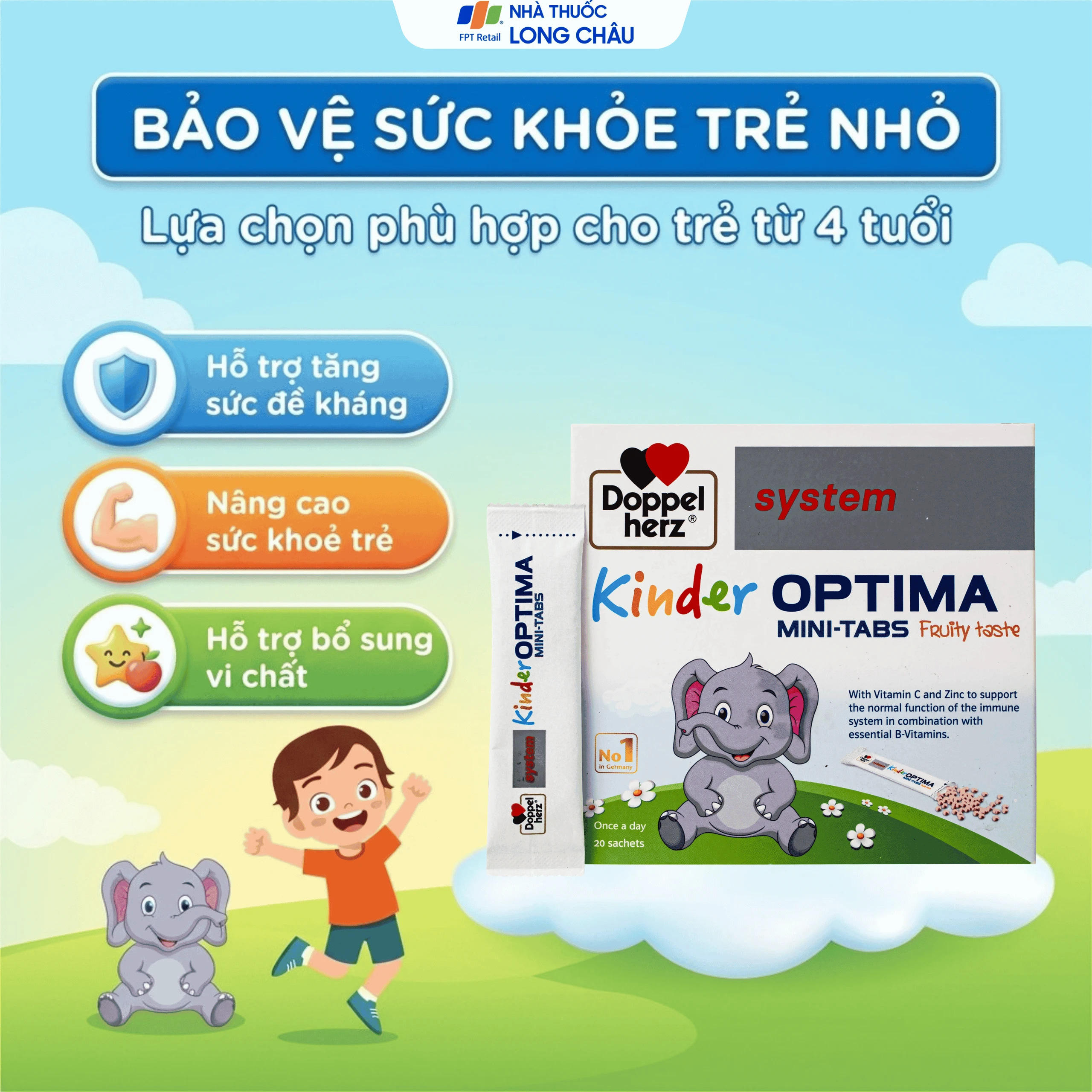 Cốm bổ sung các vitamin, giúp tăng cường sức đề kháng cho trẻ Doppelherz Aktiv Kinder Optima Mini-Tabs (20 gói x 30g) 4