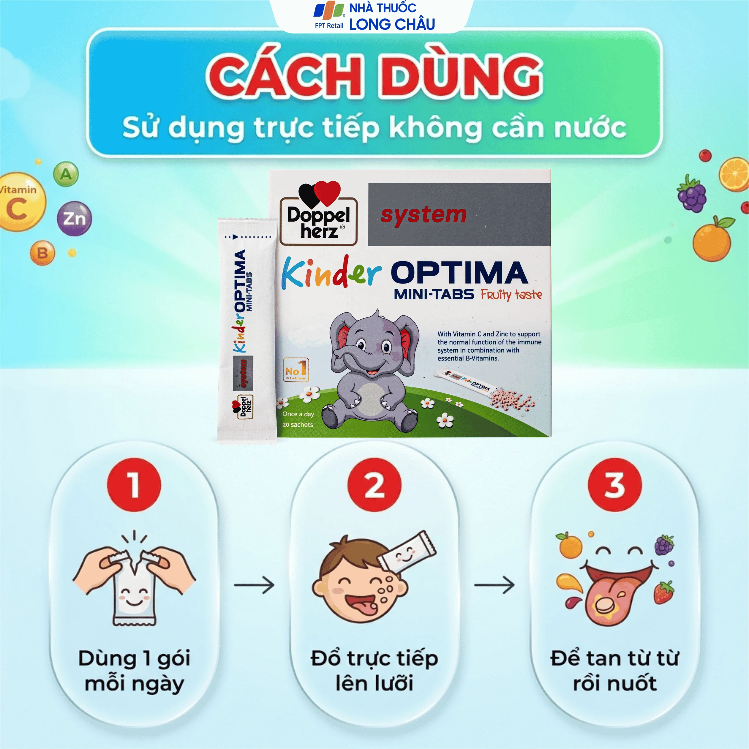 Cốm bổ sung các vitamin, giúp tăng cường sức đề kháng cho trẻ Doppelherz Aktiv Kinder Optima Mini-Tabs (20 gói x 30g) 5