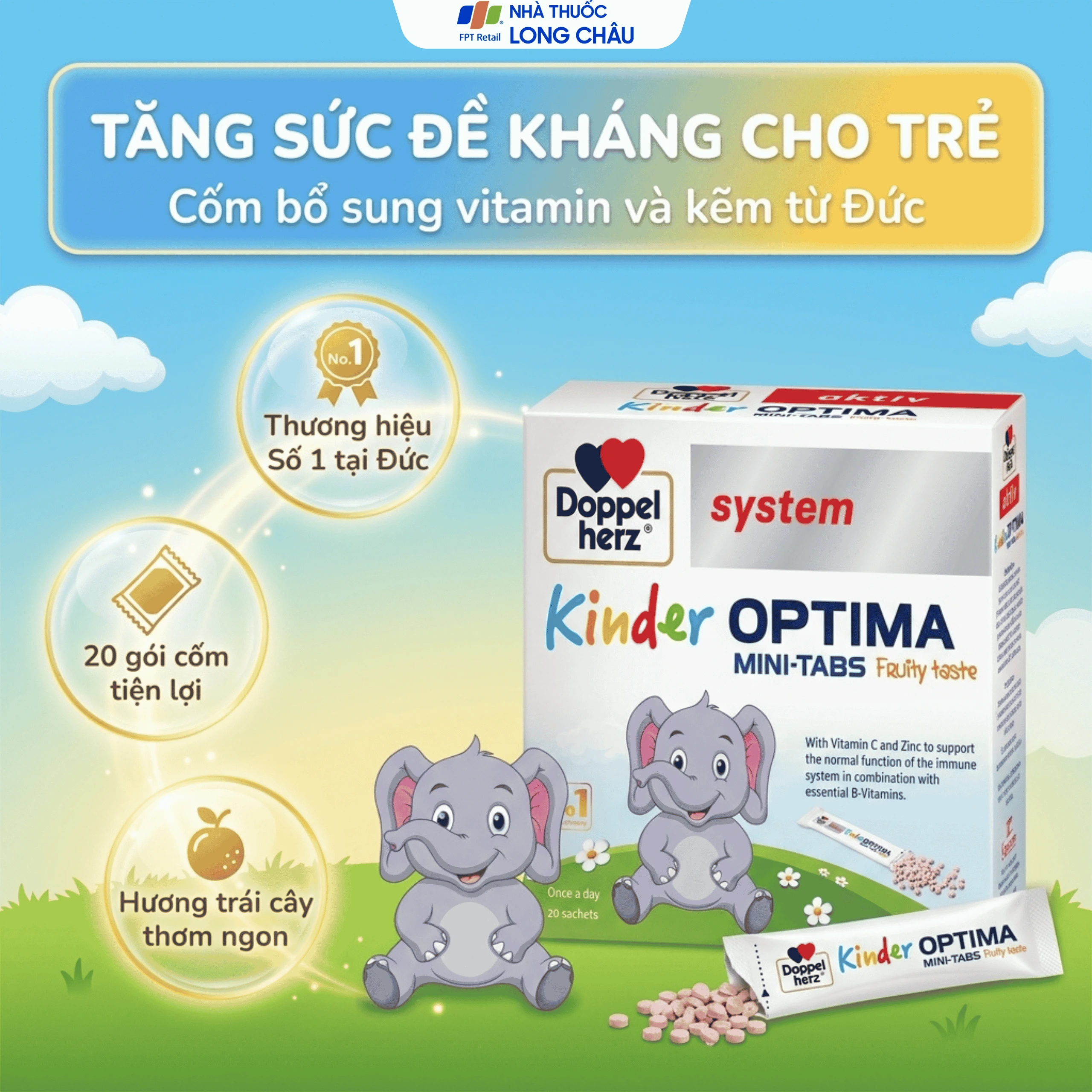 Cốm bổ sung các vitamin, giúp tăng cường sức đề kháng cho trẻ Doppelherz Aktiv Kinder Optima Mini-Tabs (20 gói x 30g) 2