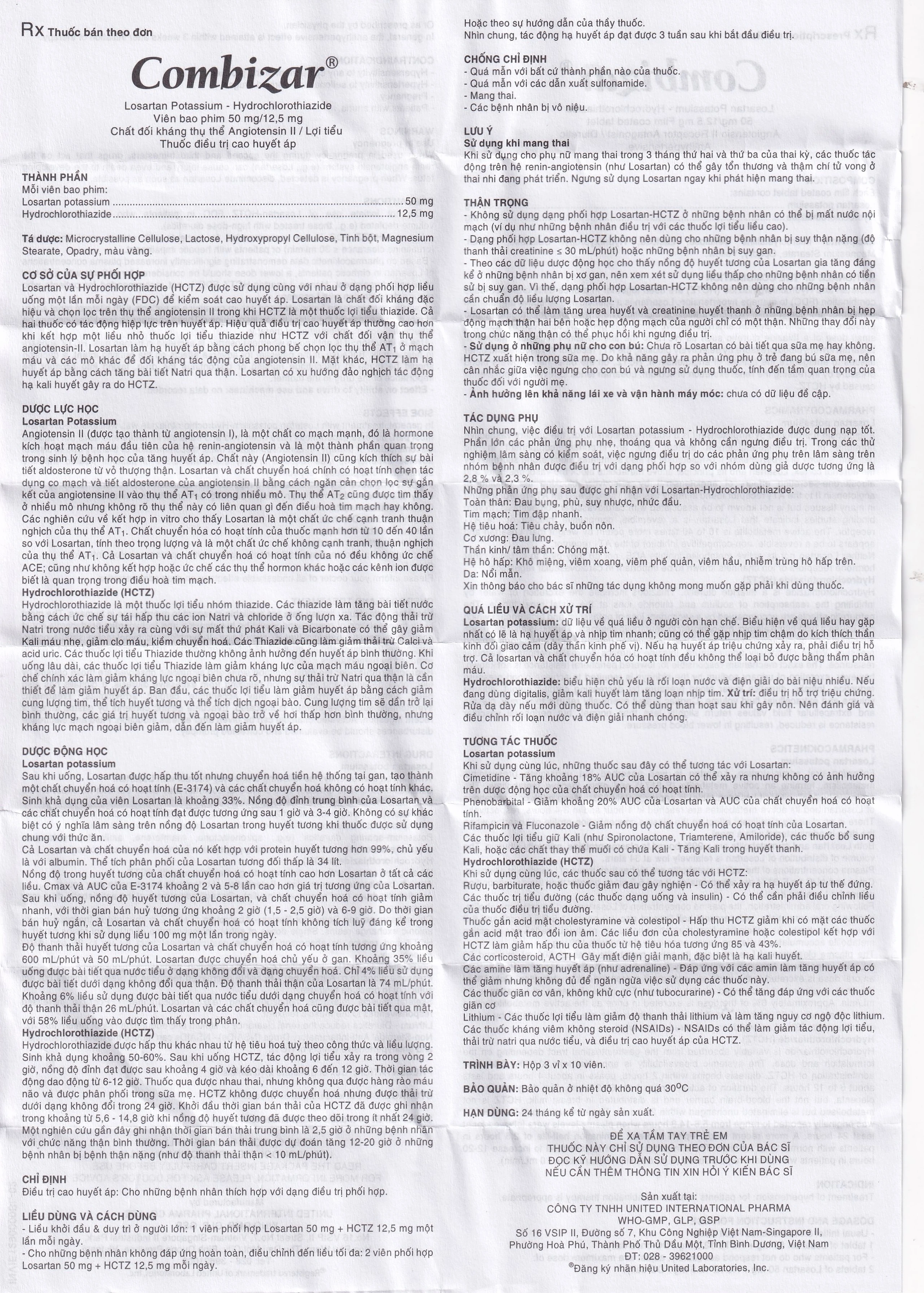 Thuốc Combizar United điều trị cao huyết áp (3 vỉ x 10 viên)