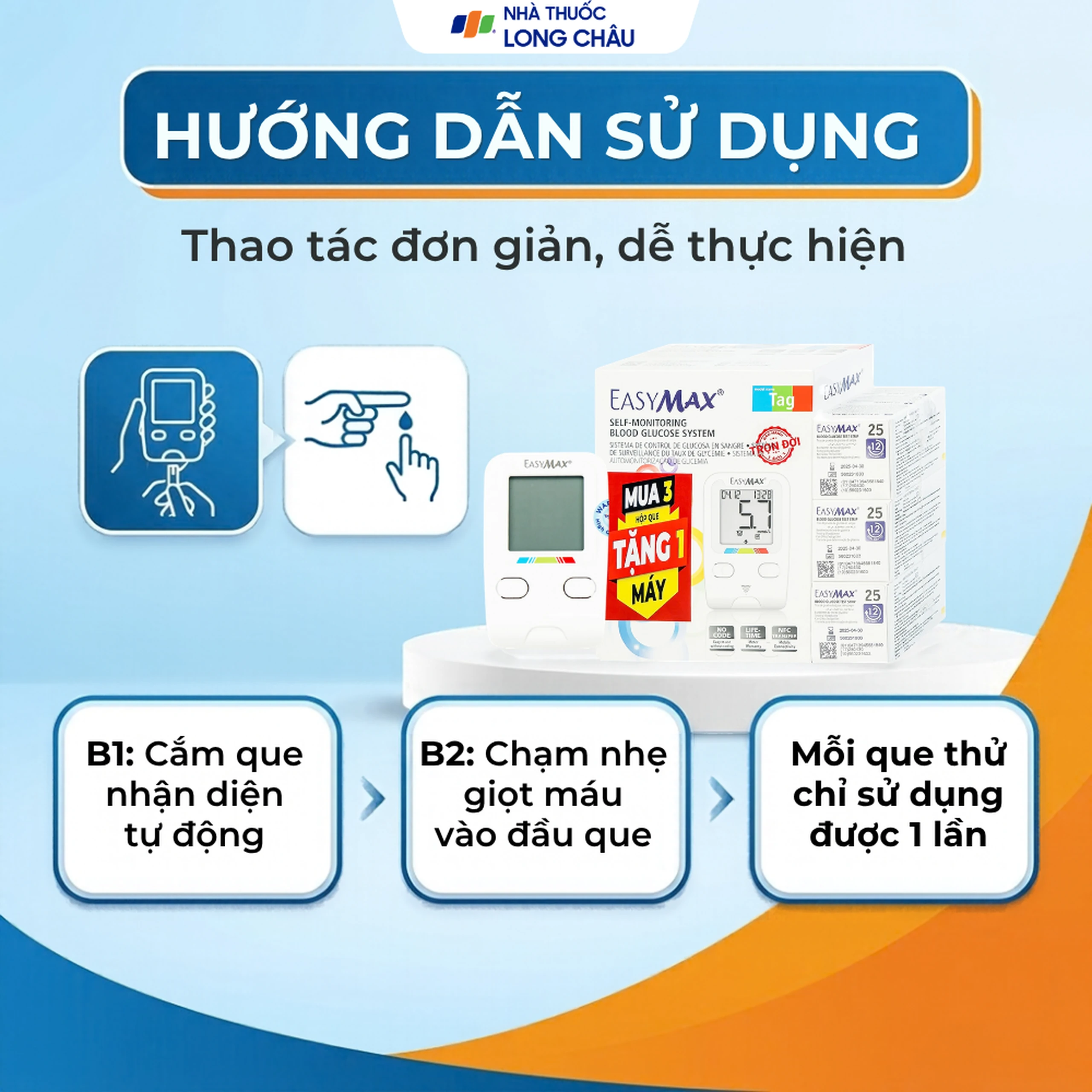 Combo 3 hộp que thử đường huyết Easy Max (25 cái) - tặng máy đo đường huyết Easy Max Tag 5