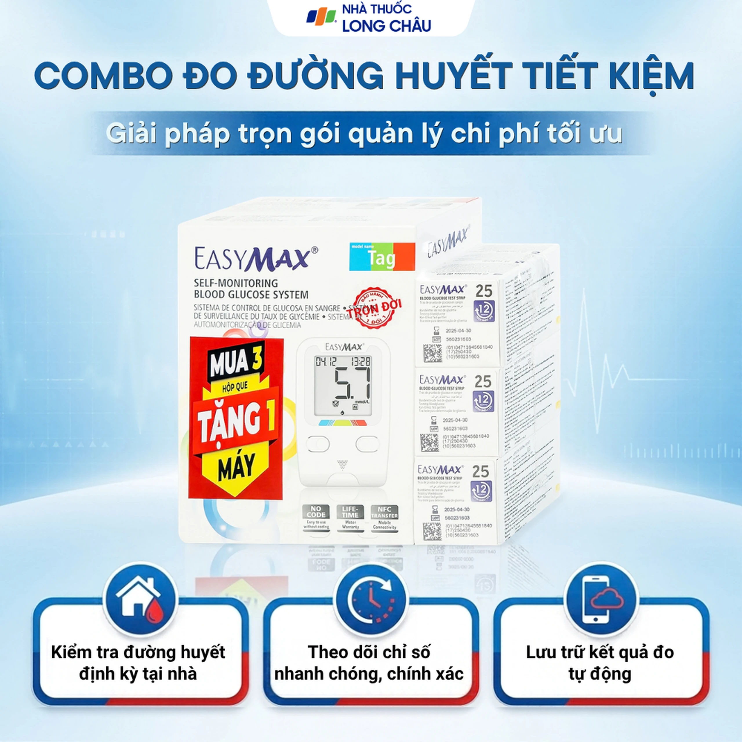 Combo 3 hộp que thử đường huyết Easy Max (25 cái) - tặng máy đo đường huyết Easy Max Tag 2