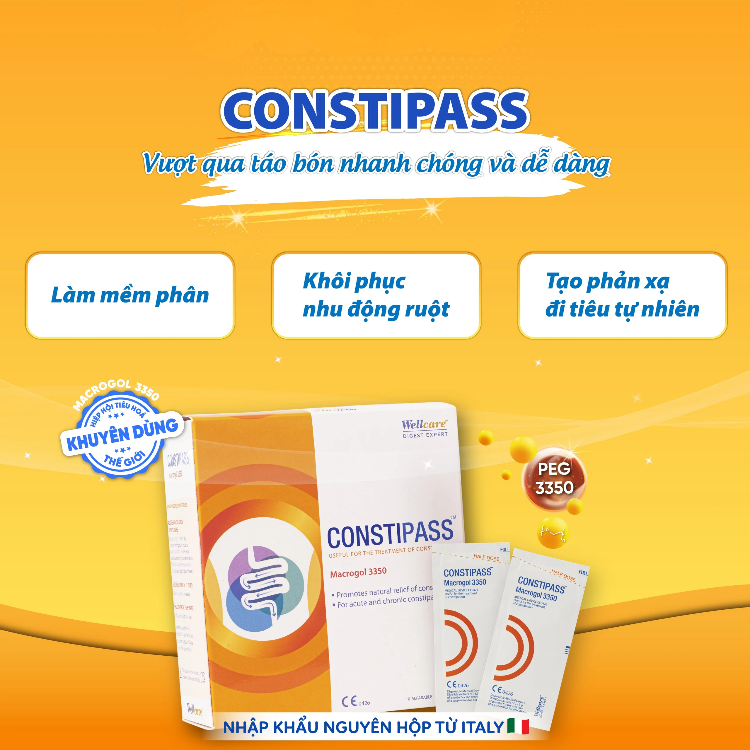 Bột nhuận tràng Constipass Wellcare (20 gói x 6.65g) cải thiện tình trạng táo bón cho người lớn và trẻ em