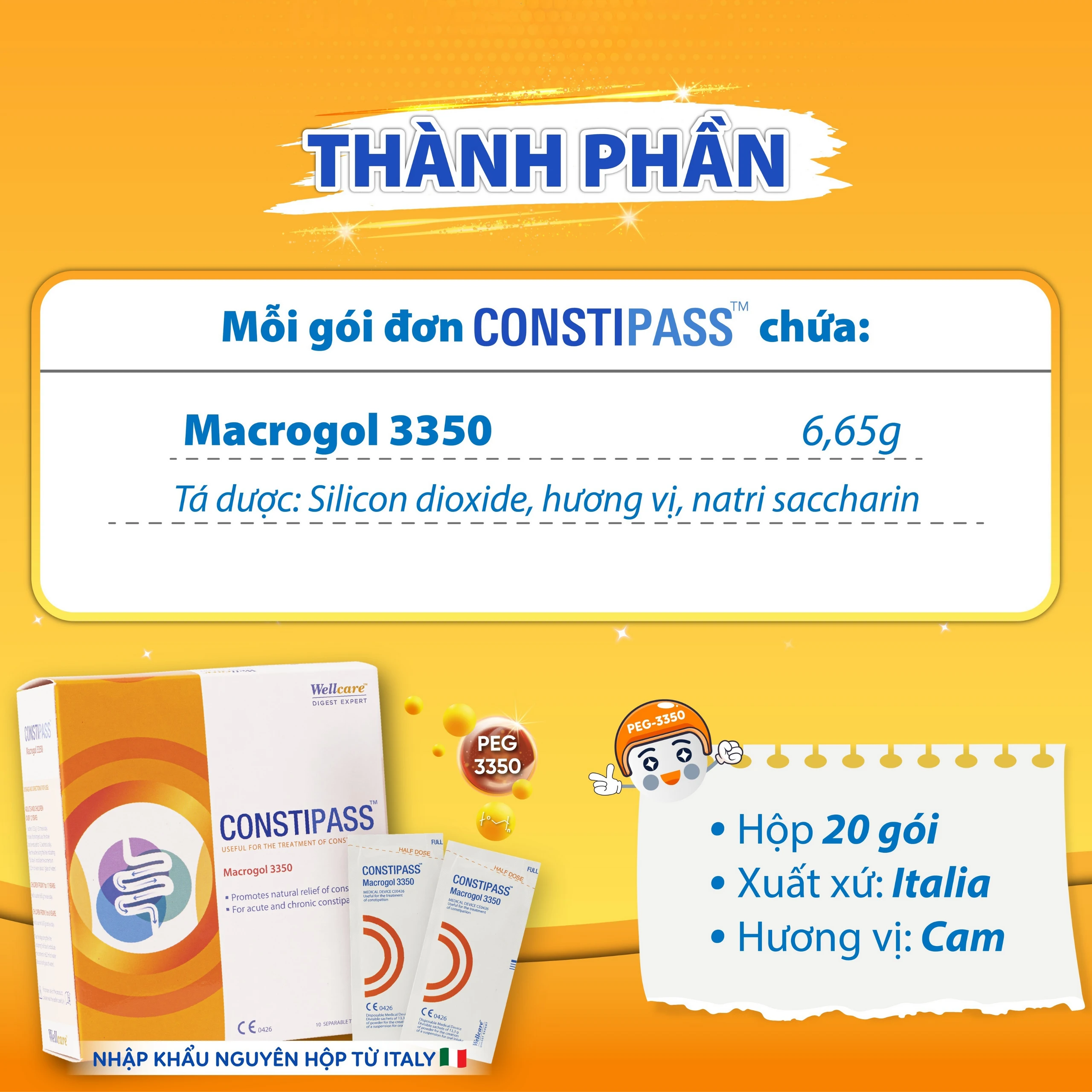 Bột nhuận tràng Constipass Wellcare (20 gói x 6.65g) cải thiện tình trạng táo bón cho người lớn và trẻ em