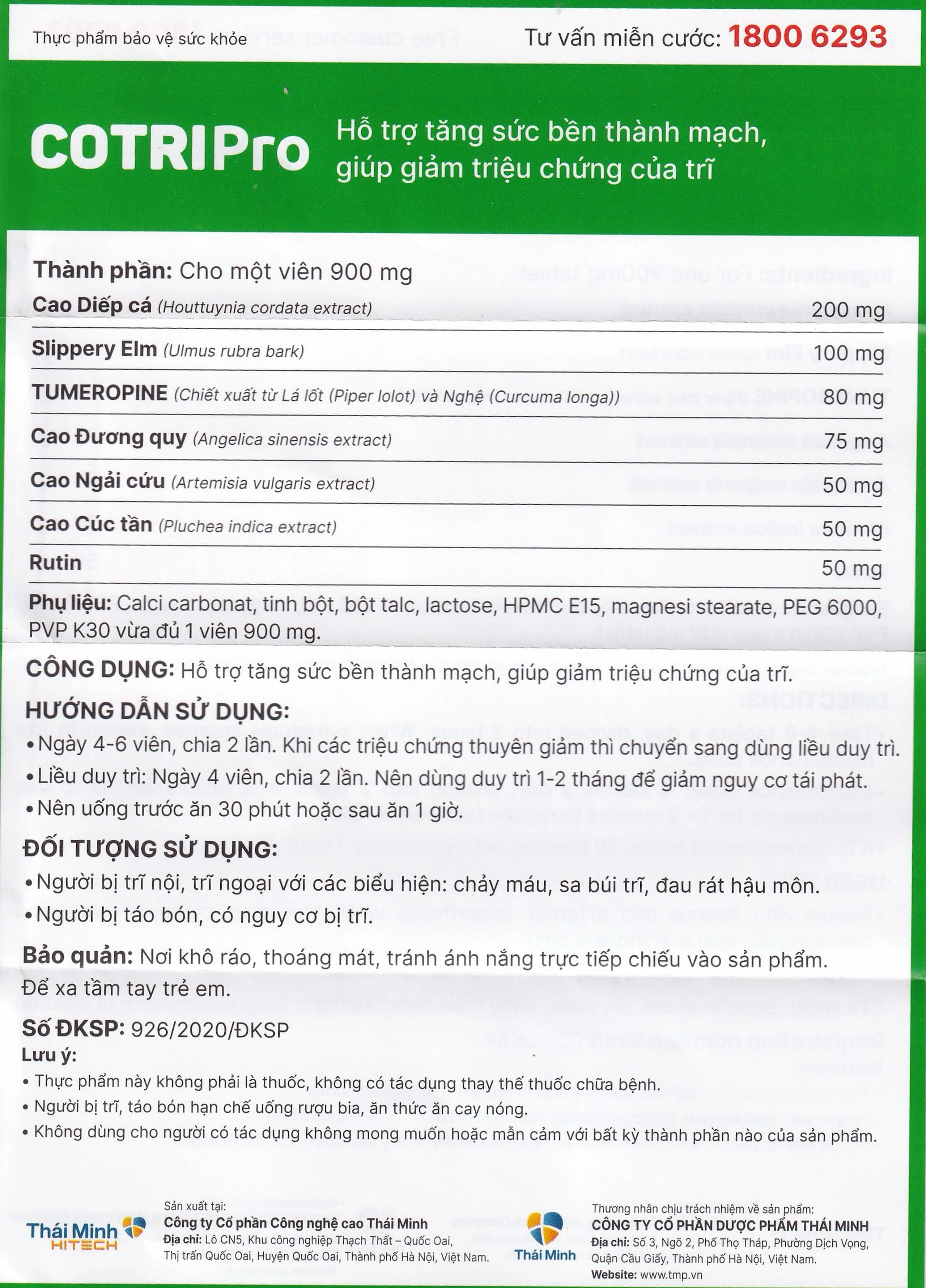 Viên uống bền thành mạch giảm trĩ Cotripro Thái Minh (2 vỉ x 10 viên)