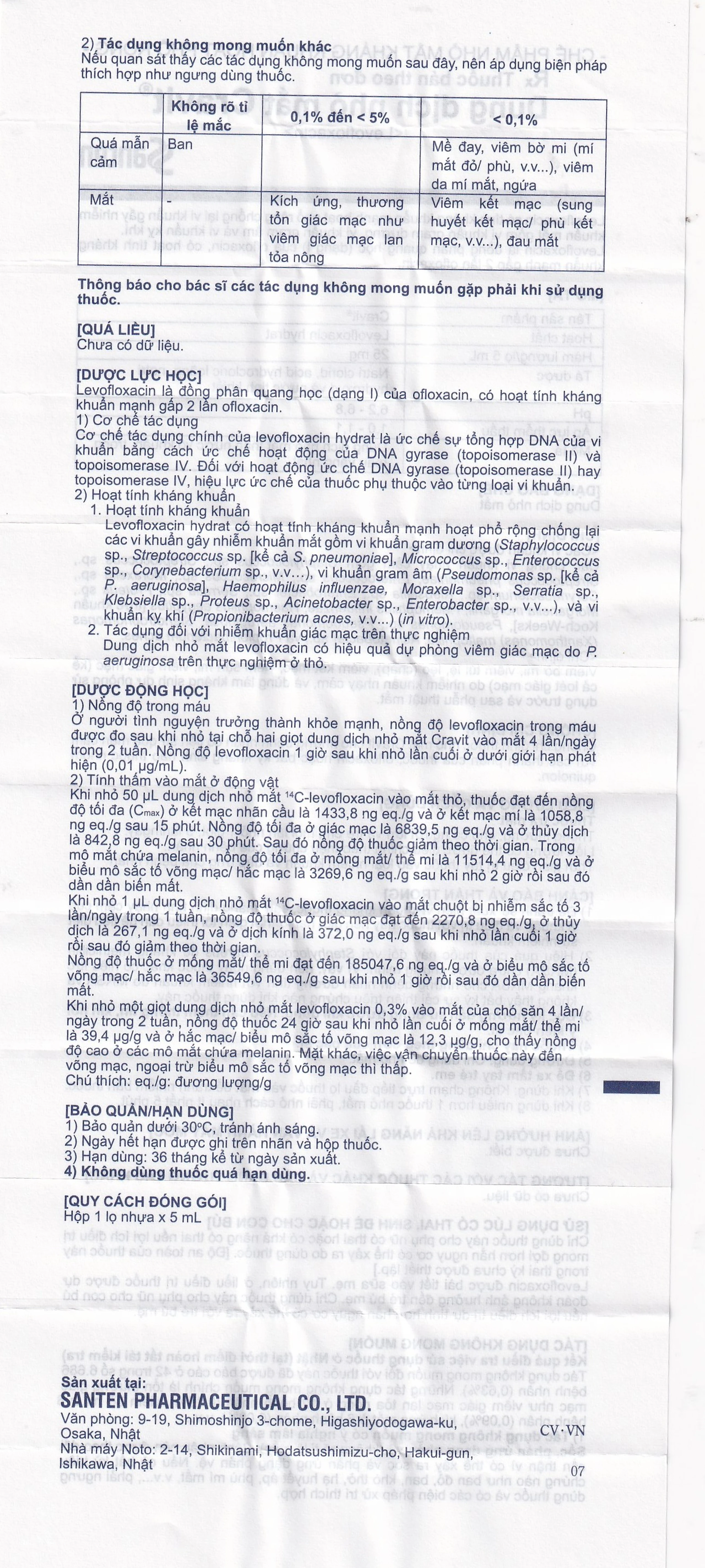 Thuốc nhỏ mắt Cravit 0.5% Santen điều trị viêm bờ mi, viêm túi lệ, lẹo (5ml)