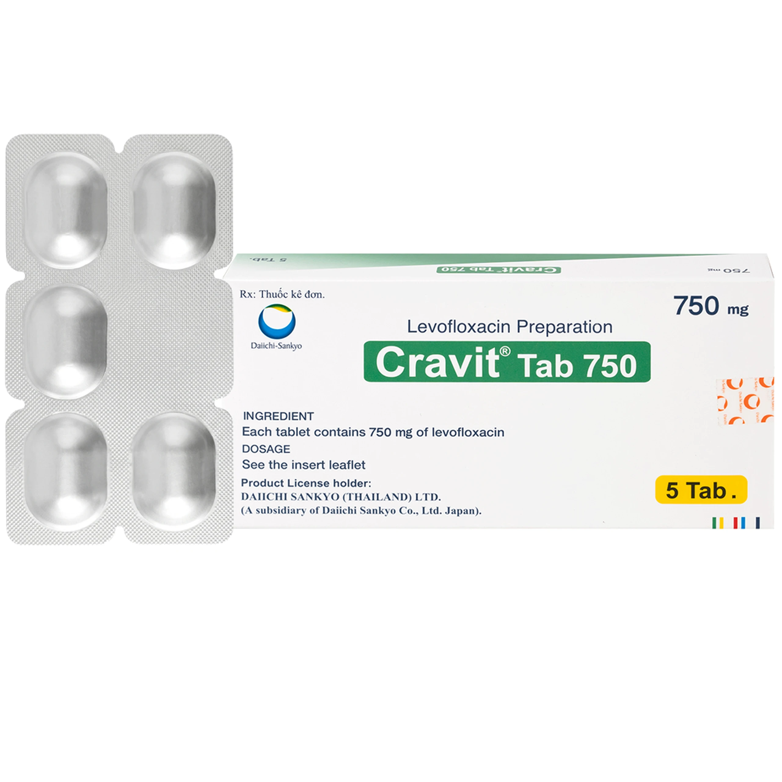 Thuốc Cravit Tab 750mg Interthai Pharm điều trị nhiễm khuẩn nhẹ, trung bình và nặng (1 vỉ x 5 viên)