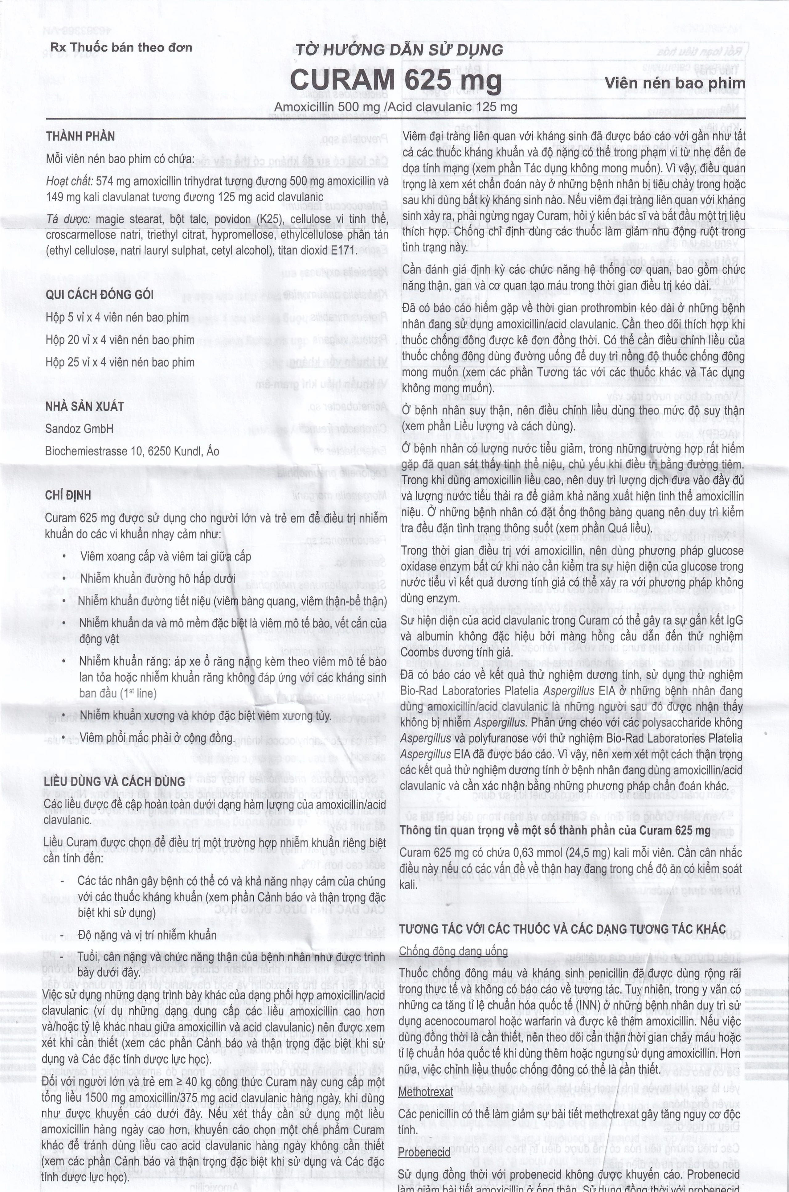 Thuốc Curam 625mg Sandoz điều trị nhiễm khuẩn do các vi khuẩn nhạy cảm (25 vỉ x 4 viên)