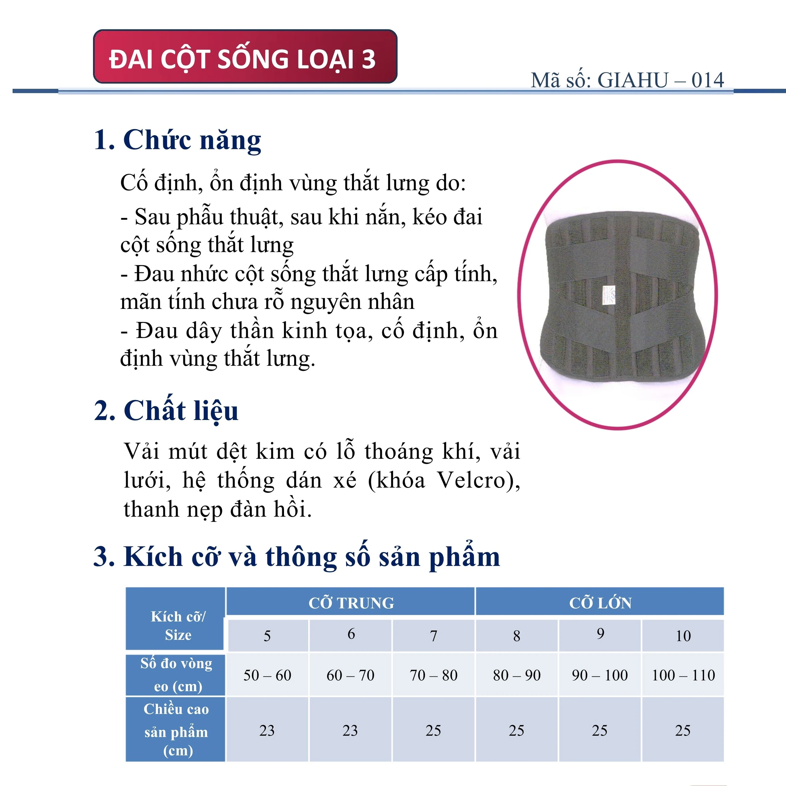 Đai cột sống L3 size 7 Gia Hưng
