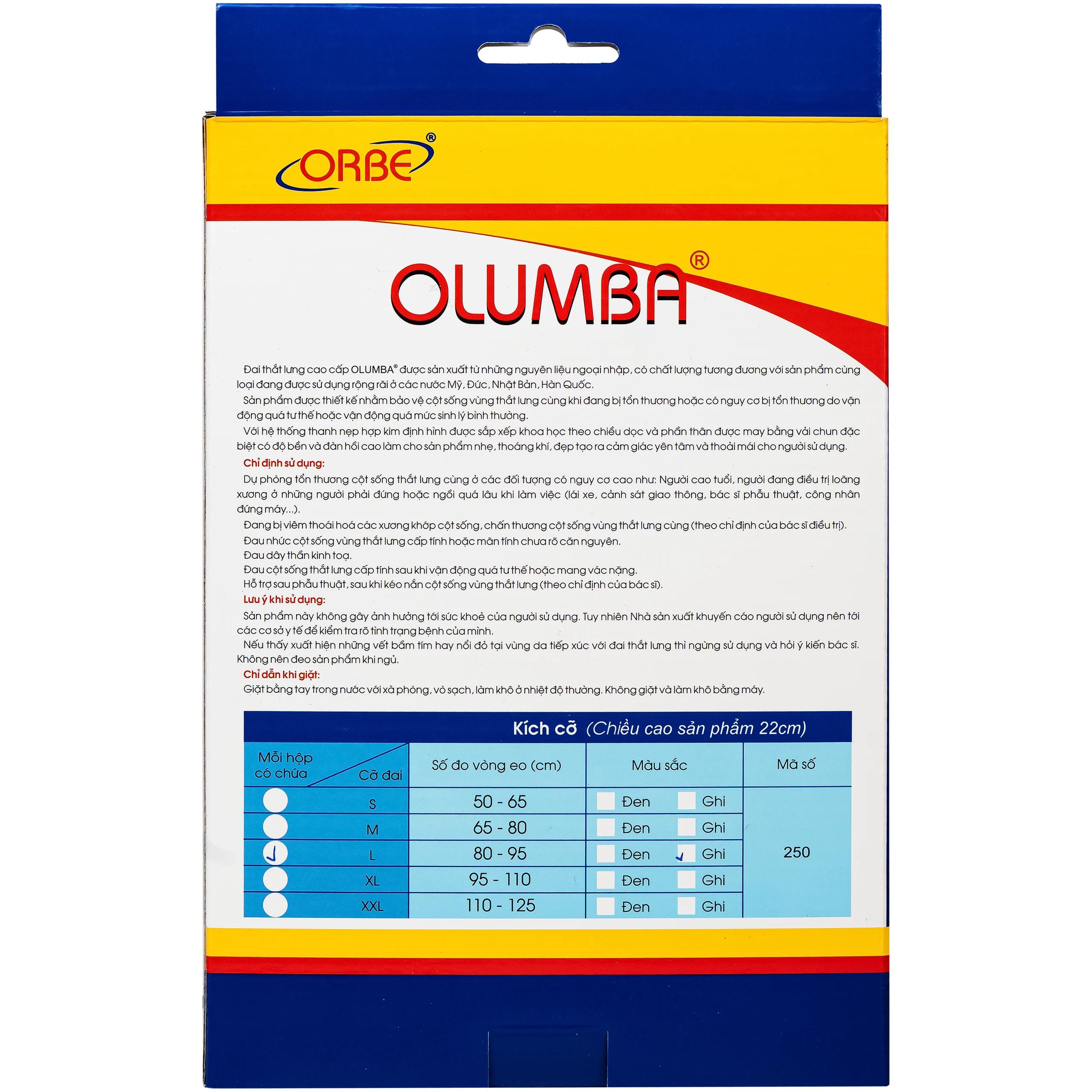 Đai thắt lưng Olumba Orbe size L màu ghi hỗ trợ giảm đau, cố định cột sống 9