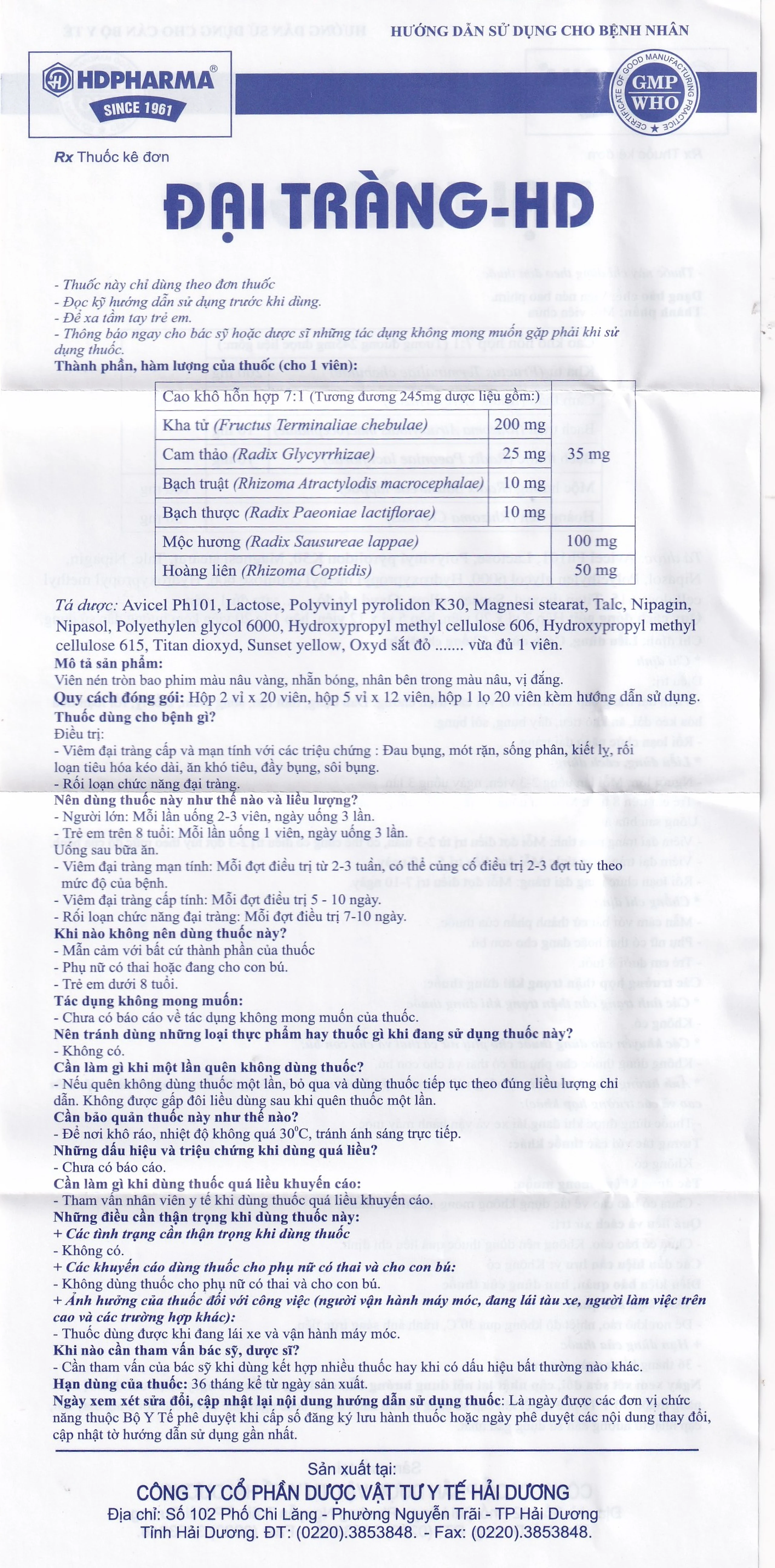 Thuốc Đại Tràng-HD điều trị viêm đại tràng cấp và mạn tính (5 vỉ x 12 viên)