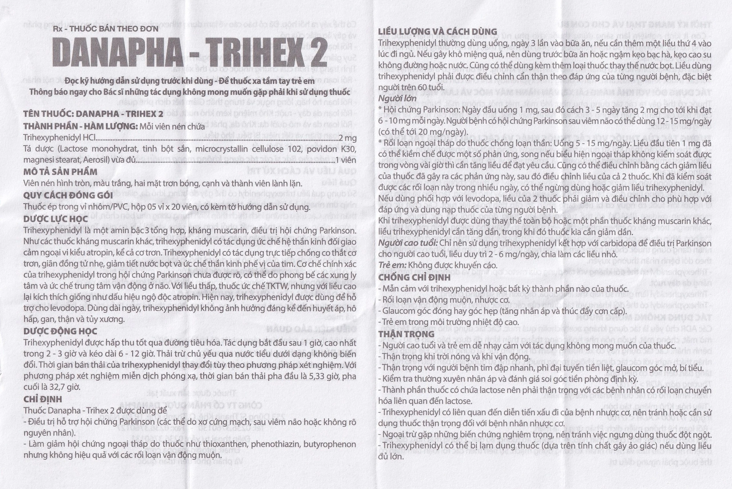 Thuốc Danapha - Trihex 2 điều trị hỗ trợ hội chứng Parkinson, giảm hội chứng ngoại tháp (5 vỉ x 20 viên)