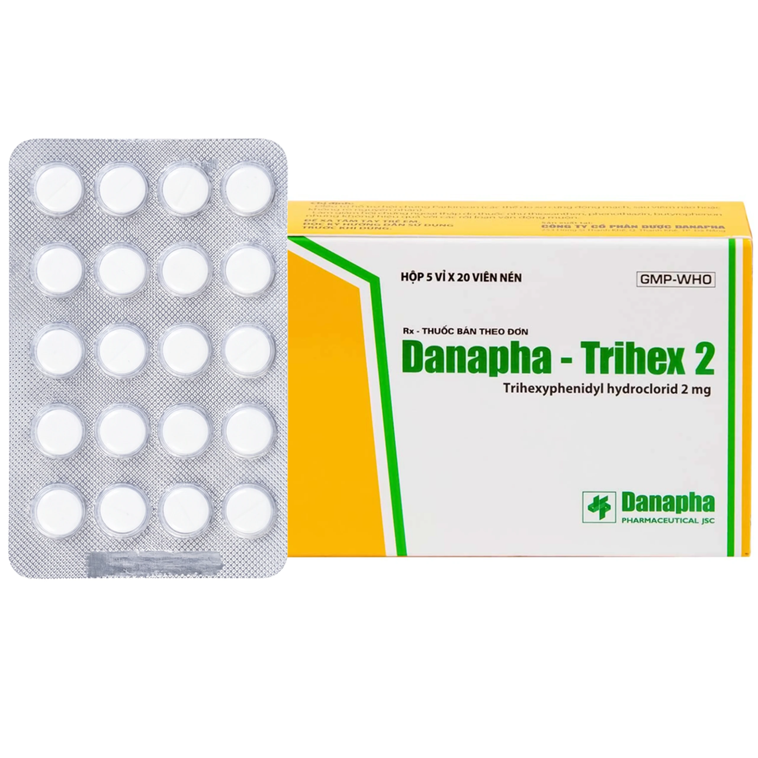 Thuốc Danapha - Trihex 2 điều trị hỗ trợ hội chứng Parkinson, giảm hội chứng ngoại tháp (5 vỉ x 20 viên)