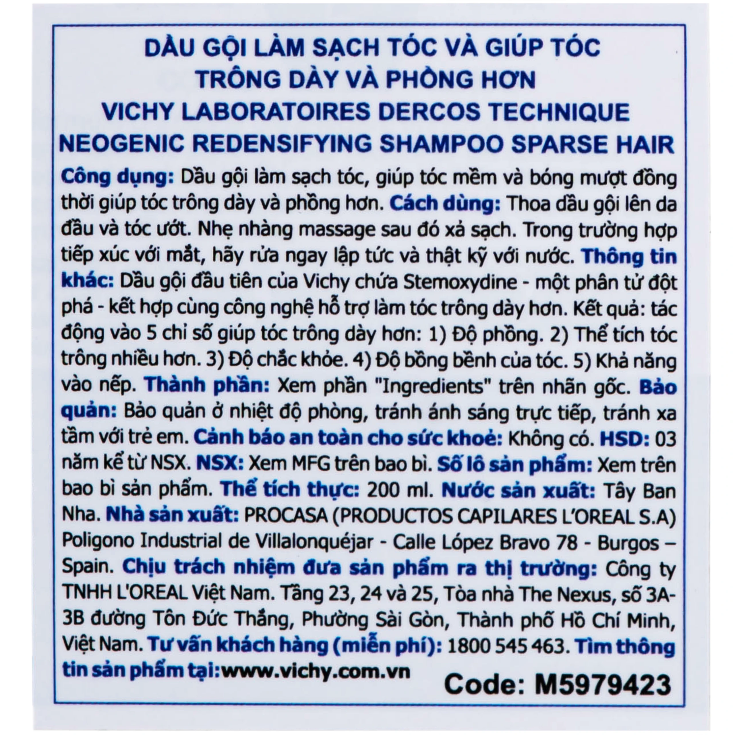 Dầu gội làm dày tóc, kích thích mọc tóc Vichy Dercos Neogenic Redensifying Shampoo 200ml 2
