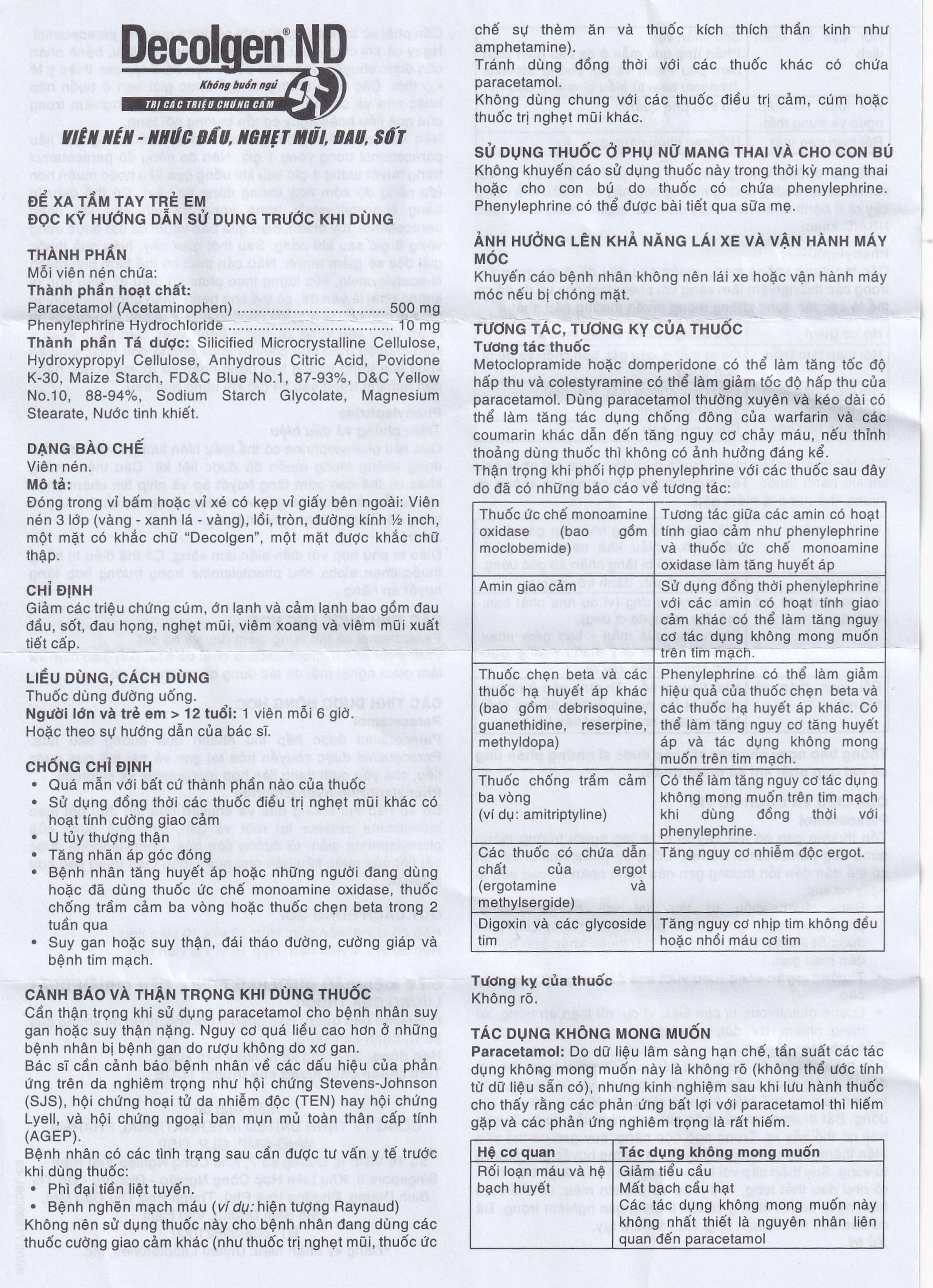 Thuốc Decolgen ND 500mg United giảm các triệu chứng cảm lạnh, cúm, sốt, đau họng, nghẹt mũi (30 vỉ x 4 viên)