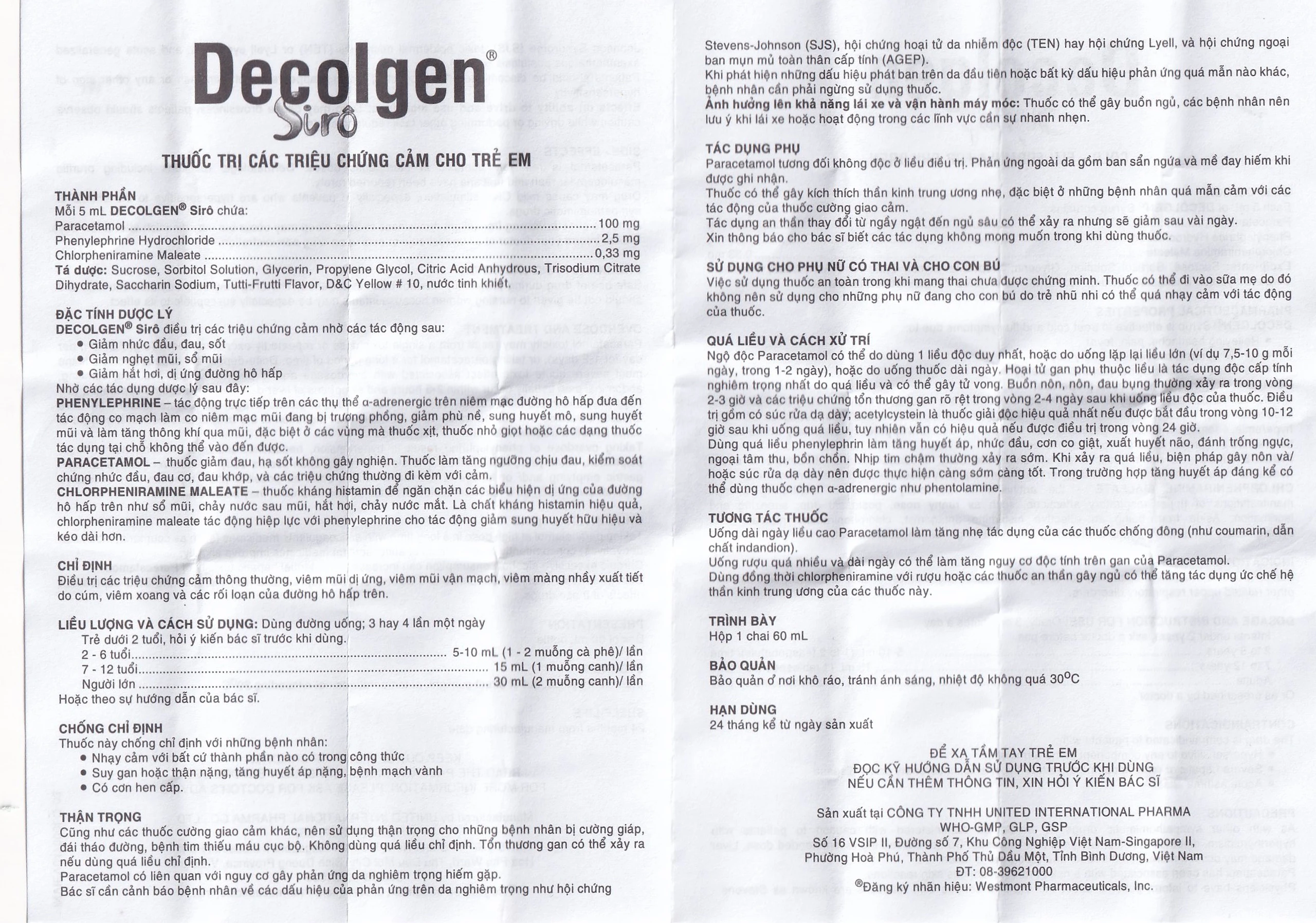 Siro Decolgen Untied điều trị các triệu chứng cảm thông thường, viêm mũi dị ứng (60ml)