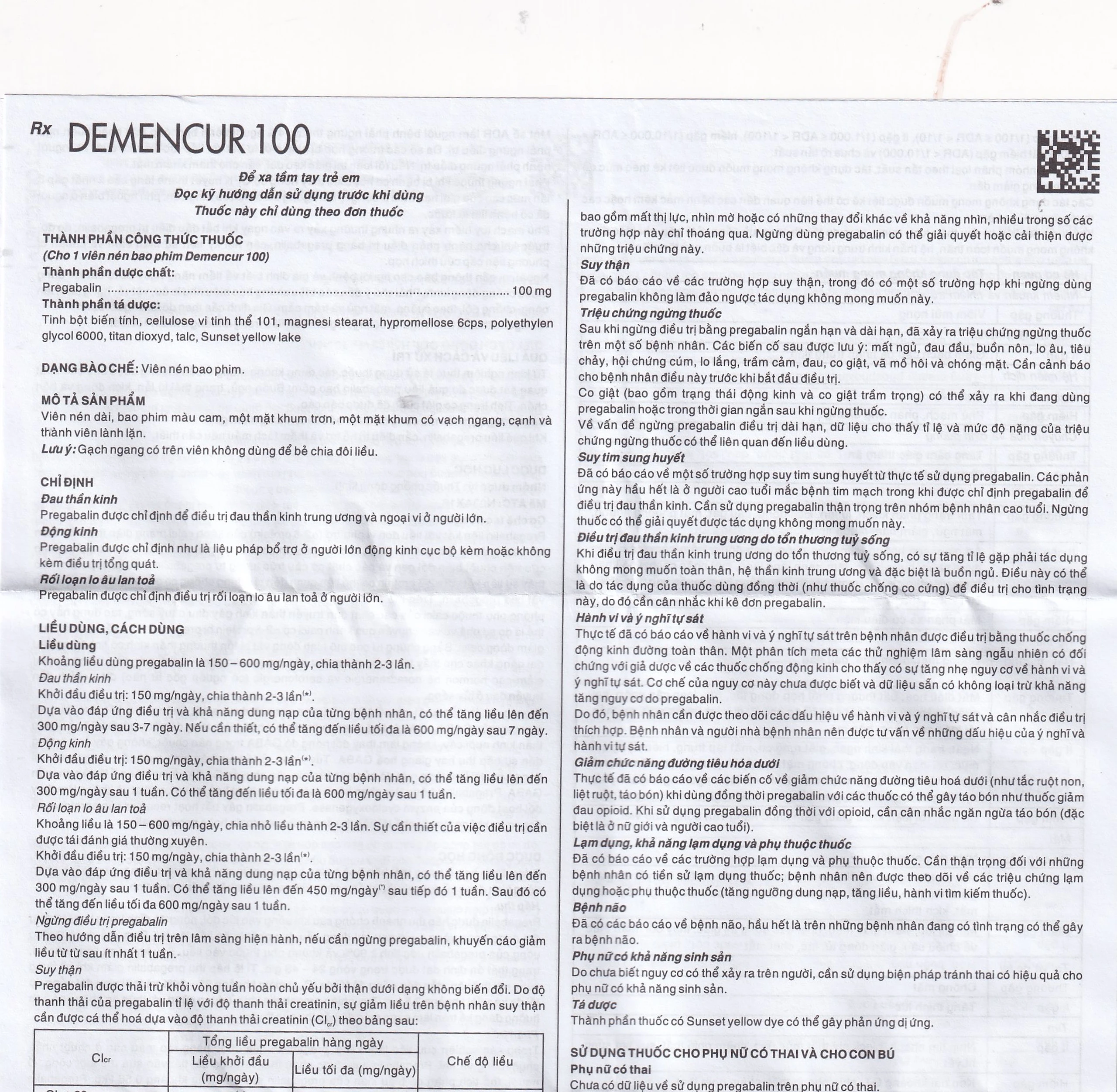 Thuốc Demencur 100 DaviPharm điều trị đau thần kinh trung ương và ngoại vi (3 vỉ x 10 viên)