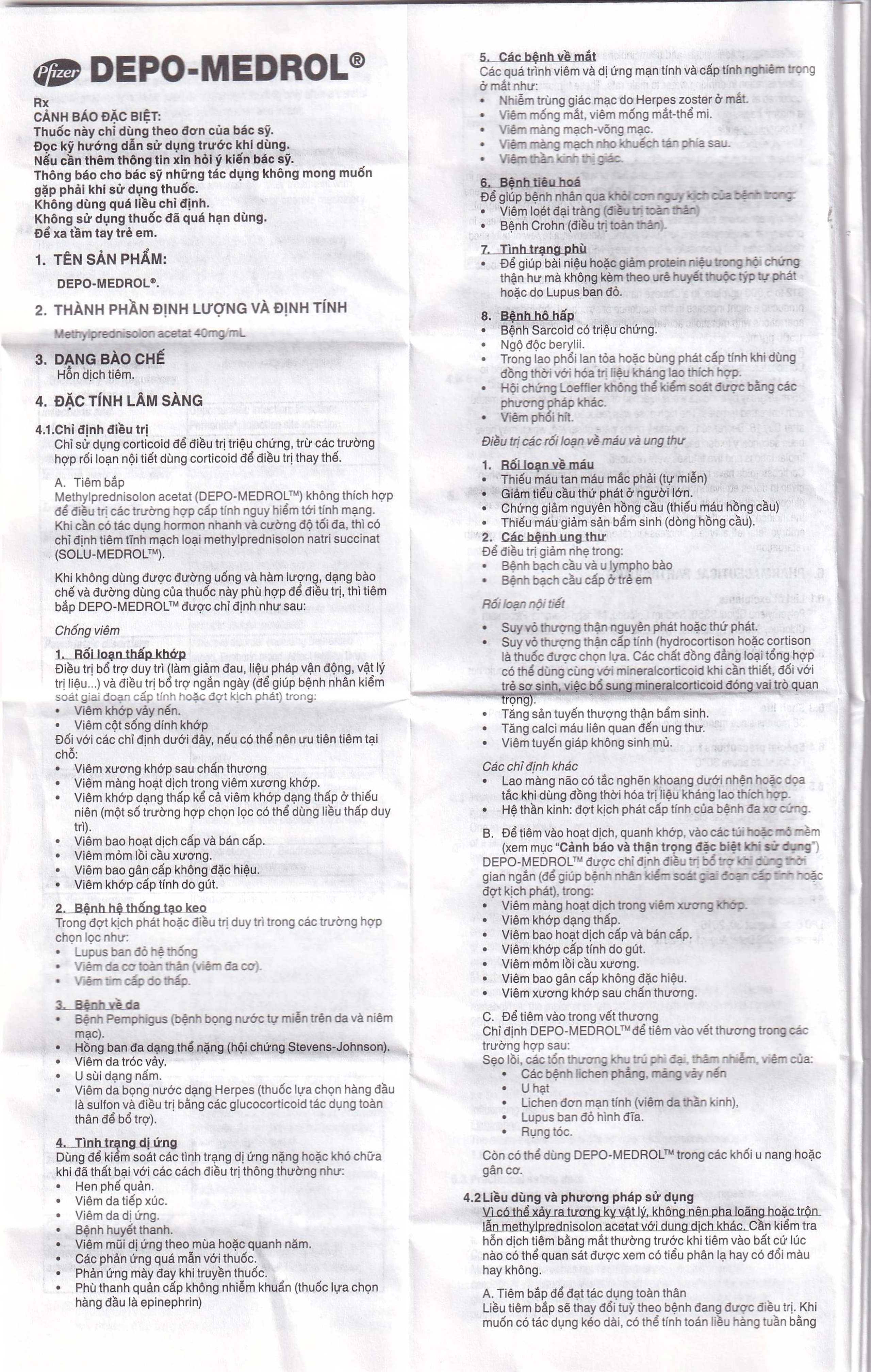 Thuốc tiêm Depo Medrol 40mg Pfizer chống viêm và điều trị các rối loạn về máu, ung thư (1 lọ x 1ml)