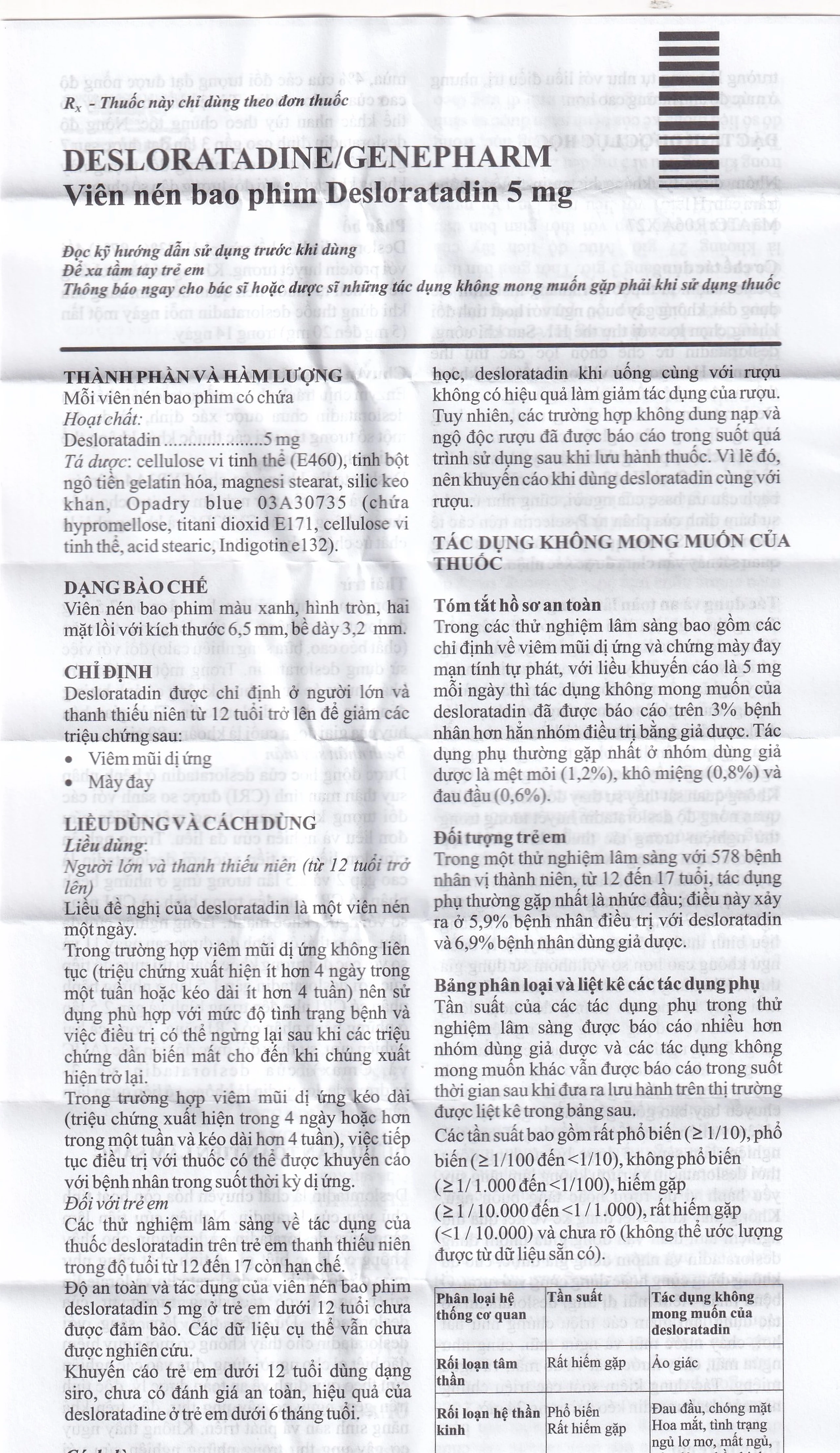 Thuốc Desloratadine 5mg Genepharm giảm các triệu chứng viêm mũi dị ứng, mày đay (2 vỉ x 15 viên)