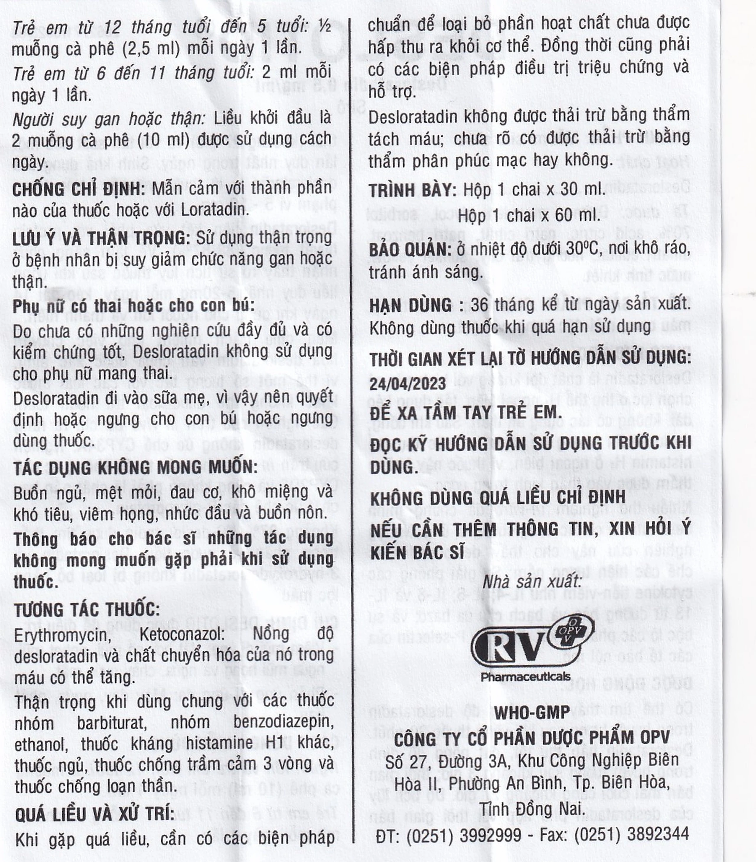 Siro Deslotid OPV trị viêm mũi dị ứng, phản ứng dị ứng da (60ml)