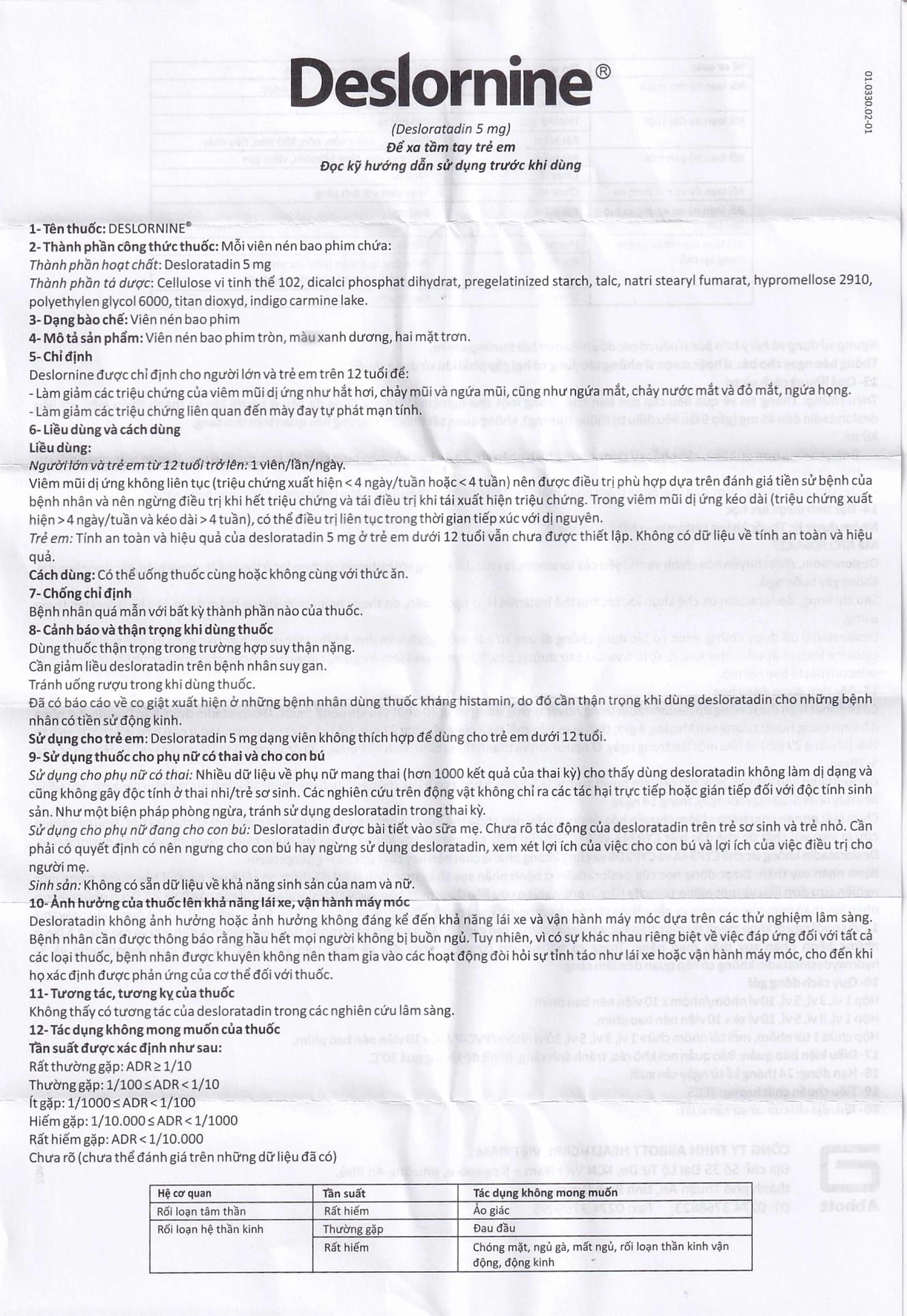 Thuốc Deslornine Abbott 5mg Làm giảm các triệu chứng của viêm mũi dị ứng (3 vỉ x 10 viên)