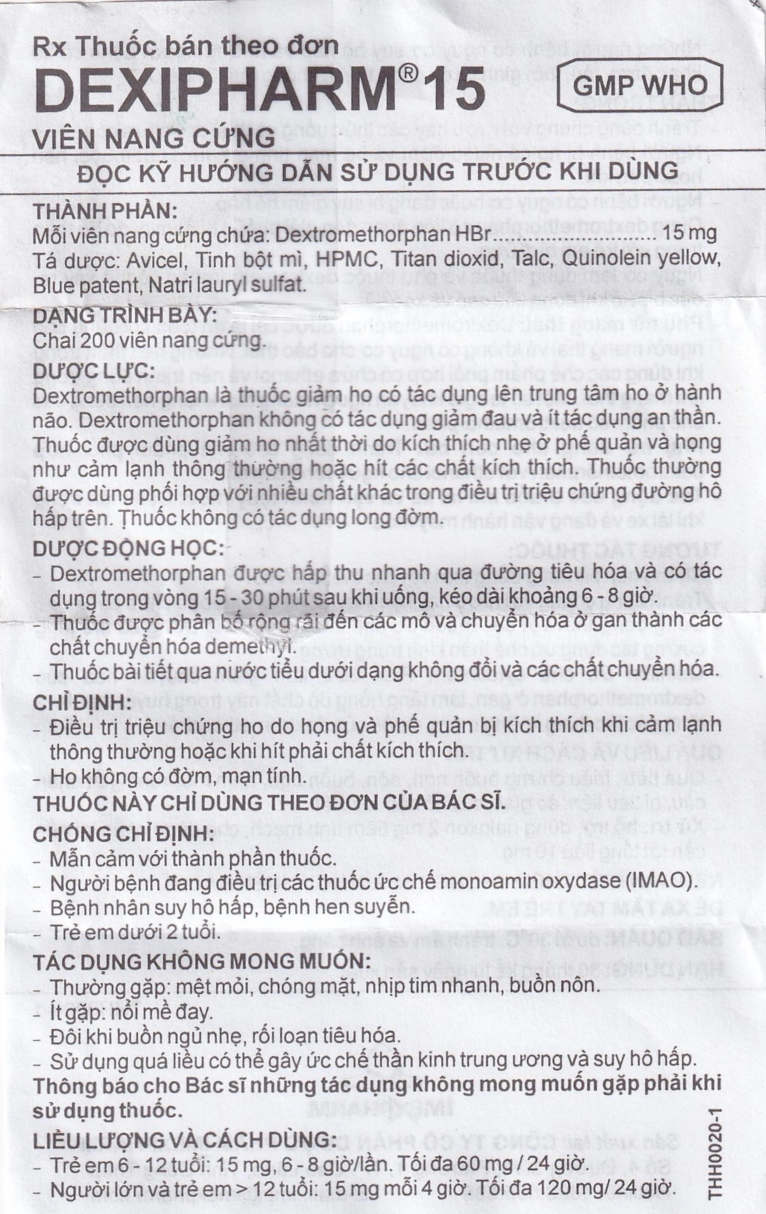 Thuốc Dexipharm 15 Imexpharm điều trị triệu chứng ho (200 viên)