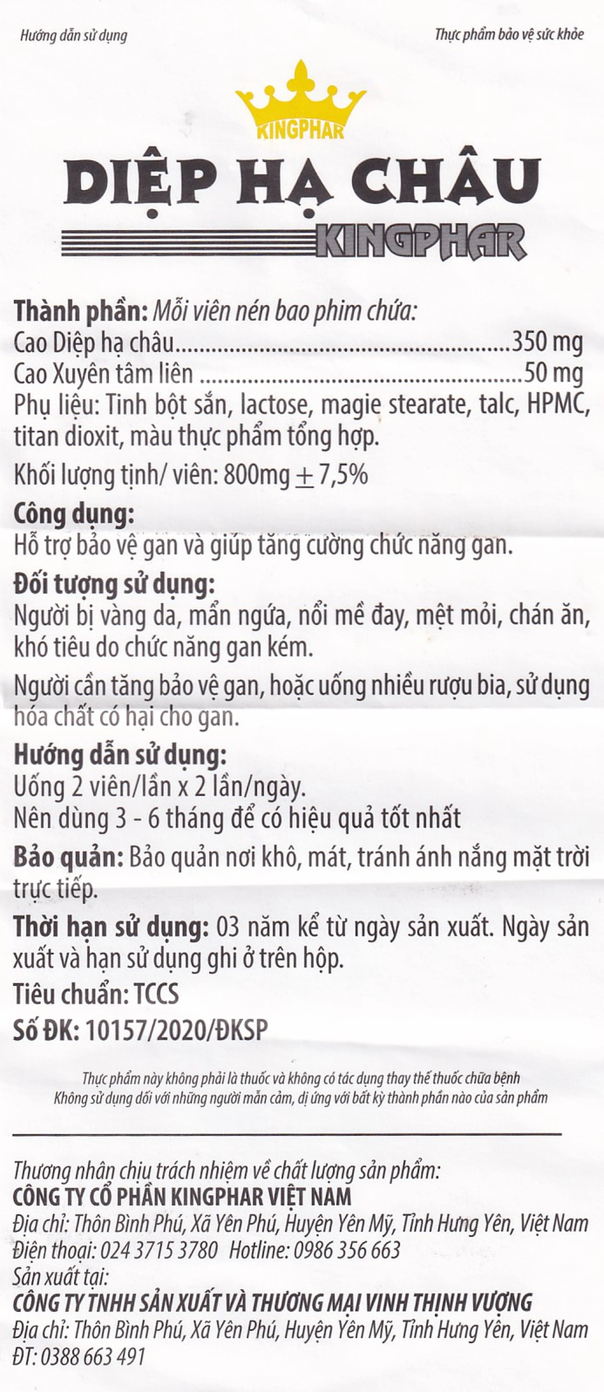 Viên uống hỗ trợ bảo vệ gan, tăng cường chức năng gan Diệp Hạ Châu Kingphar (60 viên)