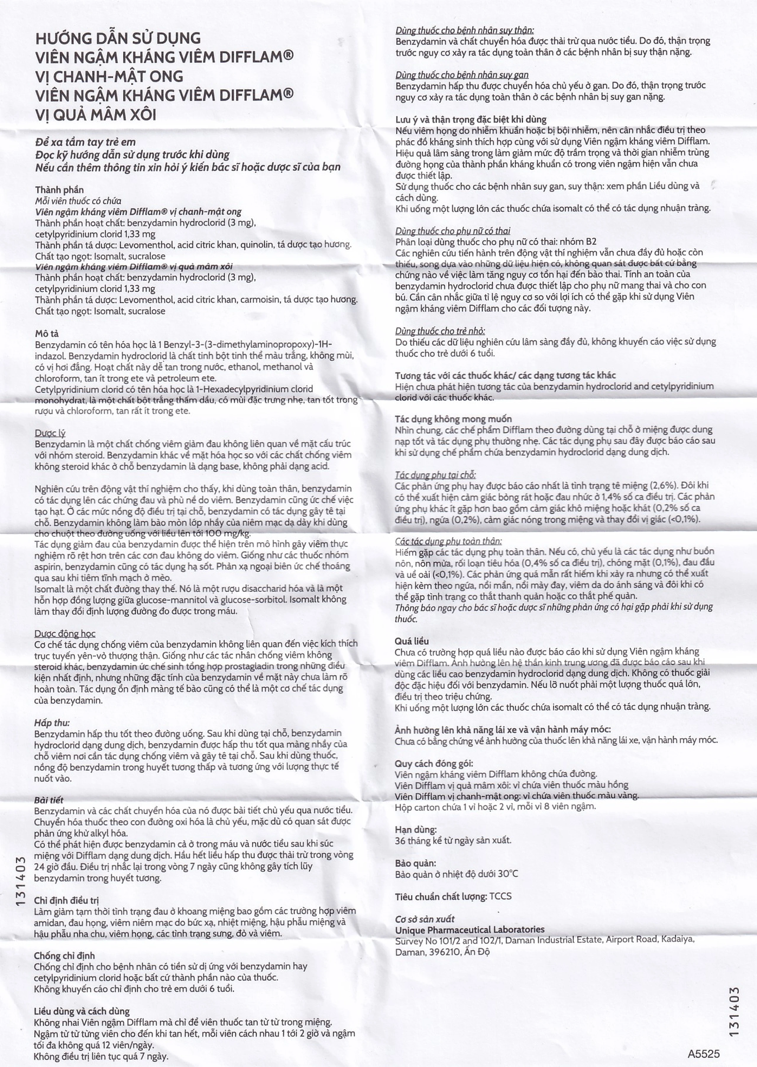 Viên ngậm kháng viêm Difflam vị quả mâm xôi Unique Pharma hỗ trợ điều trị viêm amidan, đau họng (1 vỉ x 8 viên)