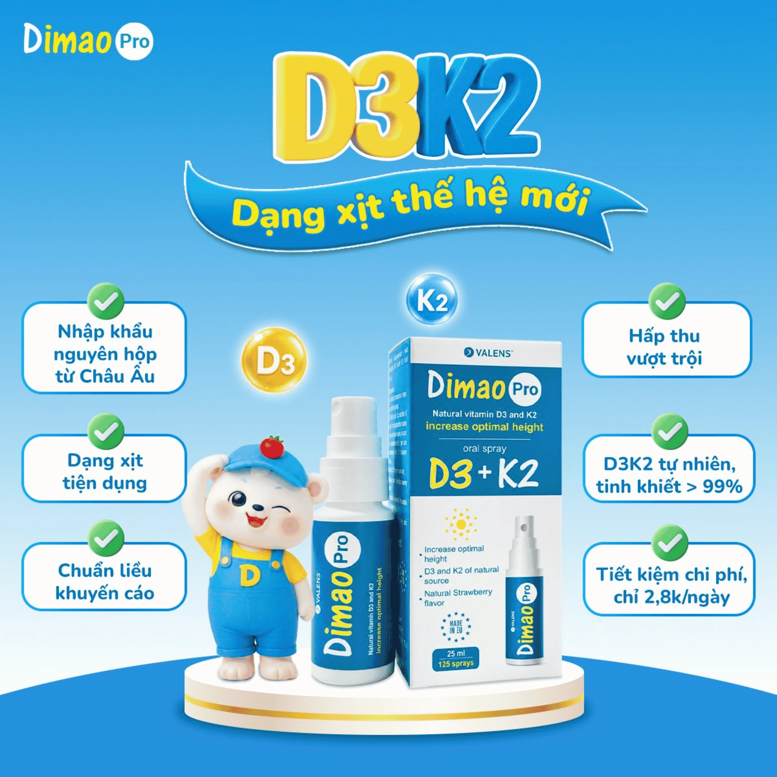 Chai xịt giúp tăng cường hấp thu canxi Dimao Pro Oral Spray D3 + K2 Valens (25ml) 4