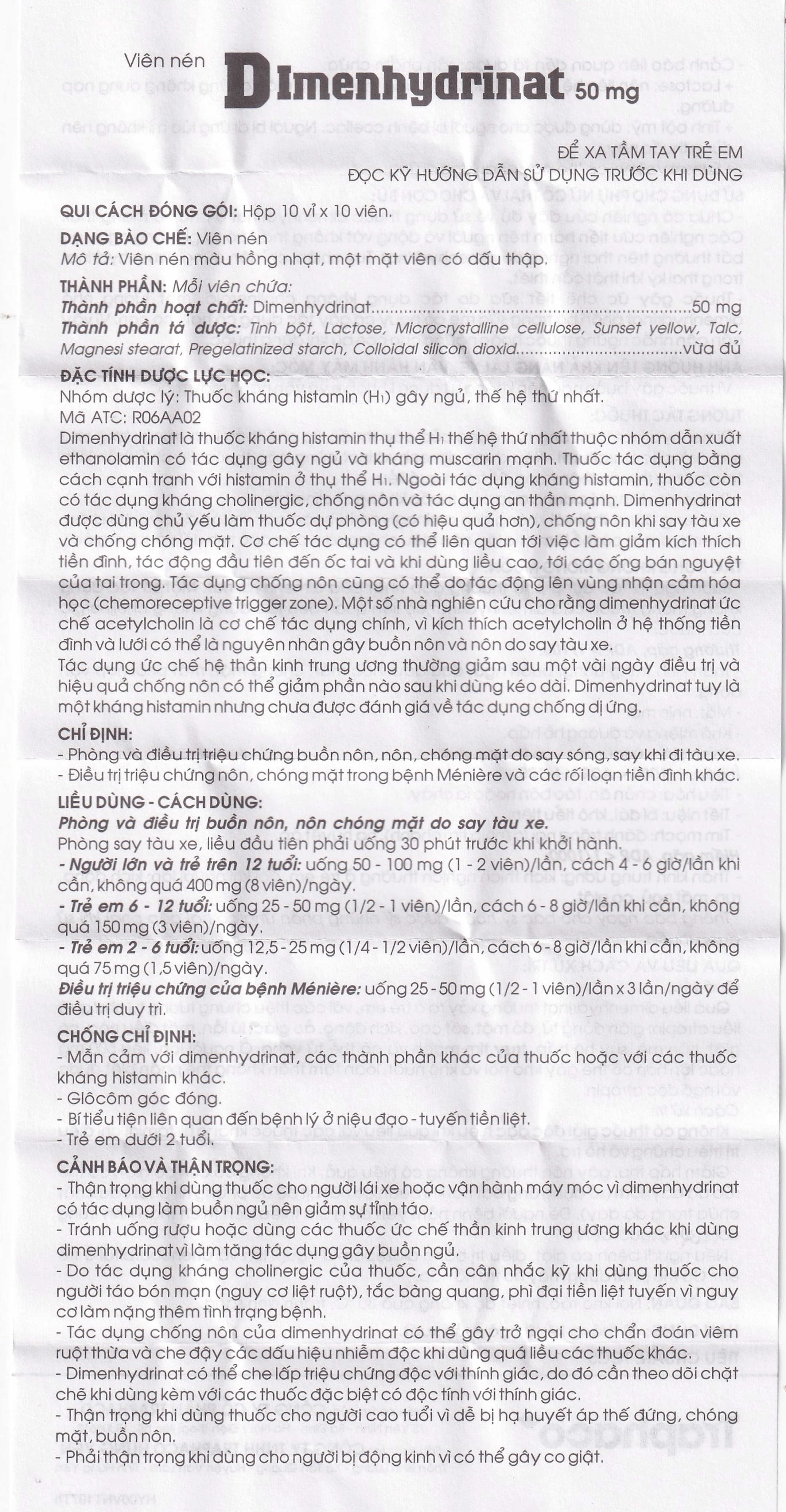 Thuốc Dimenhydrinat 50mg Traphaco chống nôn, chống say tàu xe (10 vỉ x 10 viên)