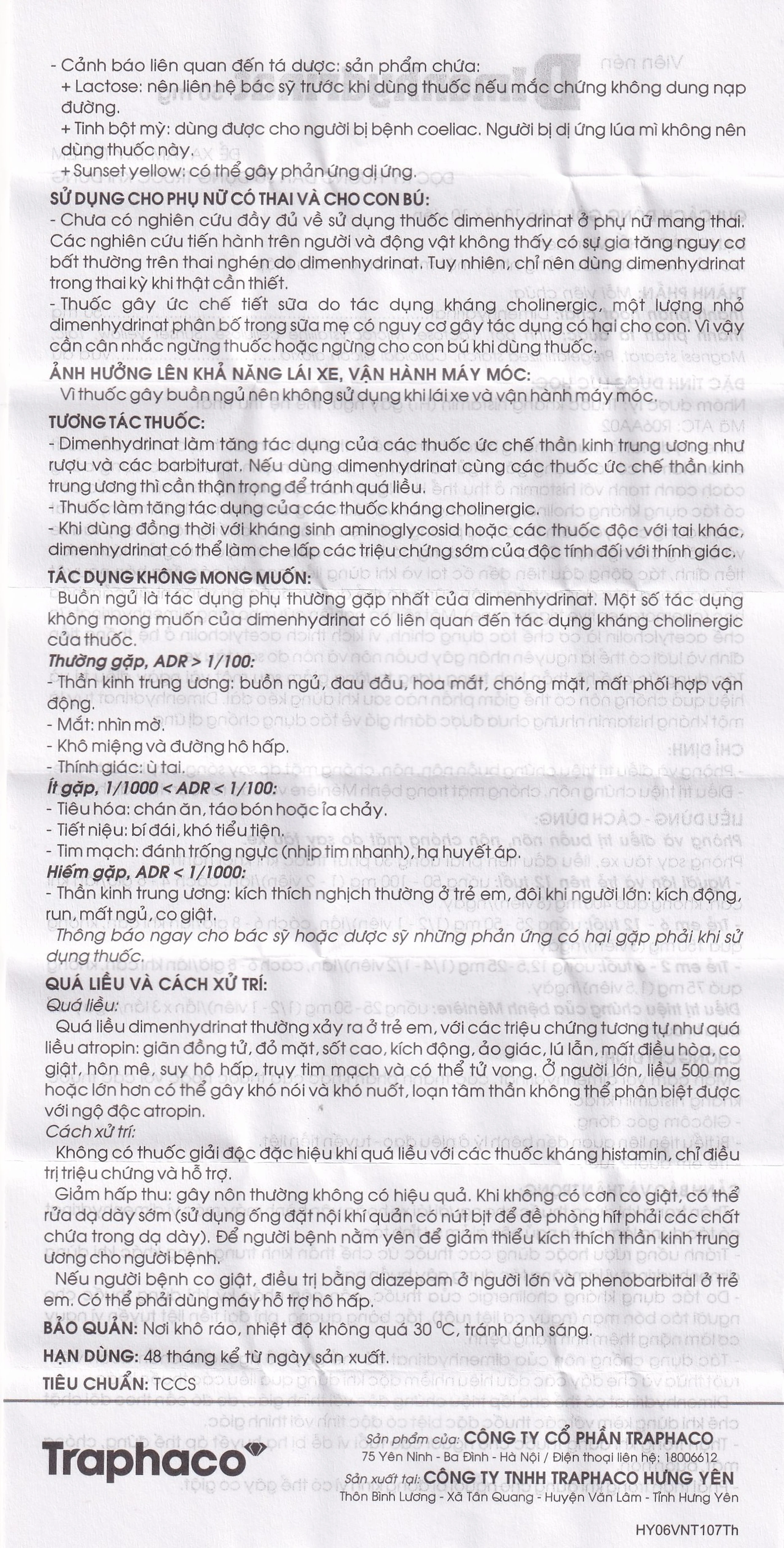 Thuốc Dimenhydrinat 50mg Traphaco chống nôn, chống say tàu xe (10 vỉ x 10 viên)