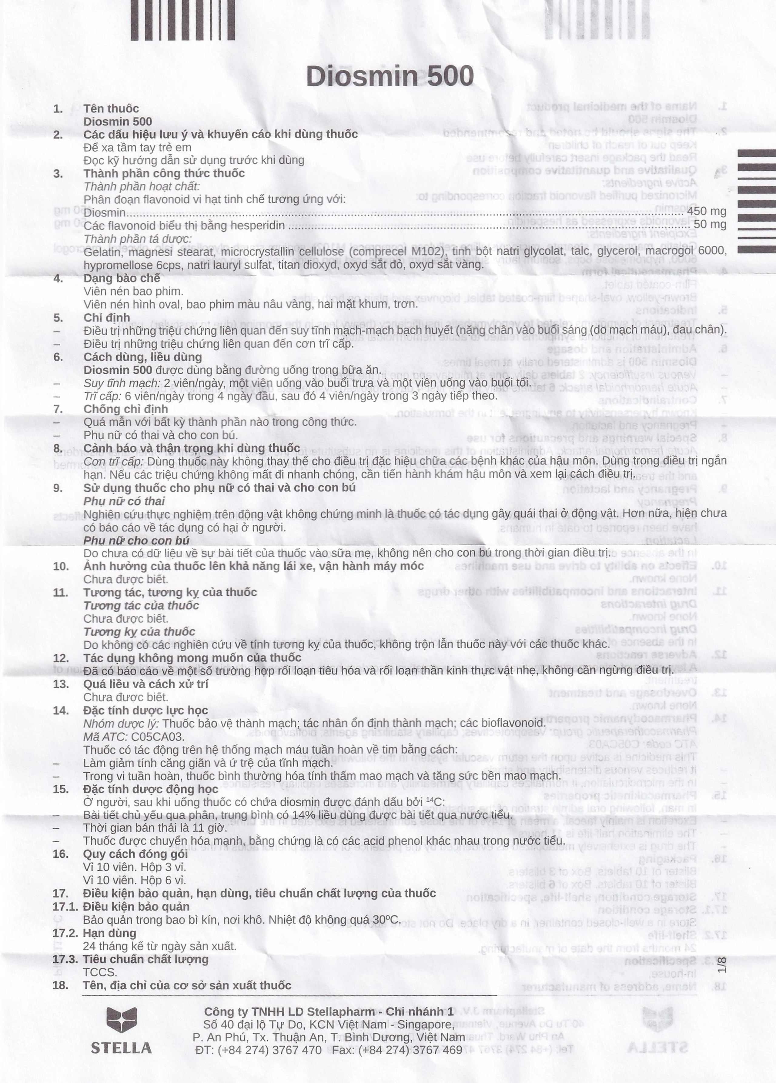 Thuốc Diosmin 500 Stella điều trị triệu chứng liên quan đến suy tĩnh mạch - mạch bạch huyết (6 vỉ x 10 viên)