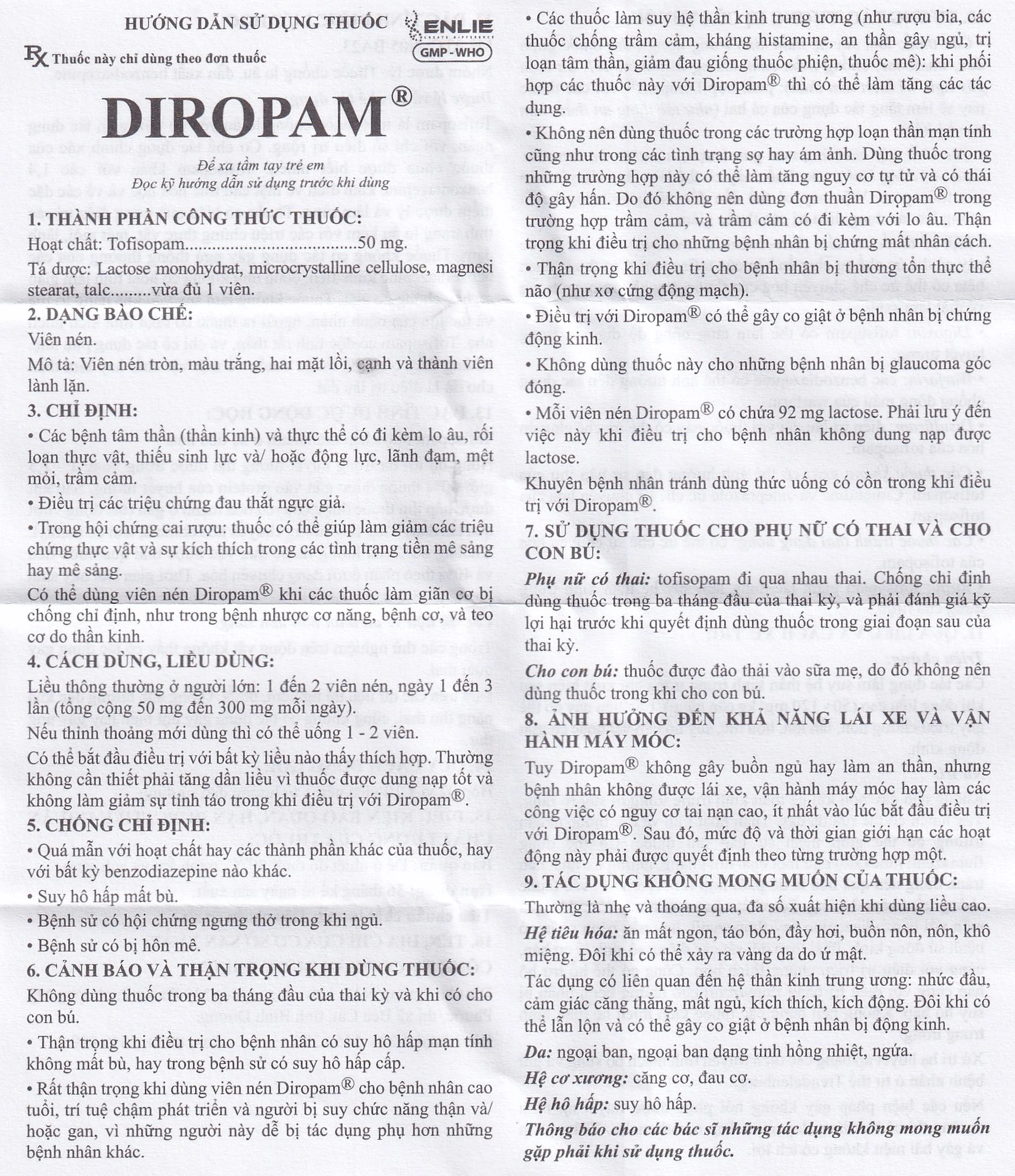 Thuốc Diropam 50mg Enlie điều trị triệu chứng đau thắt ngực giả, tiền mê sảng (2 vỉ x 10 viên)