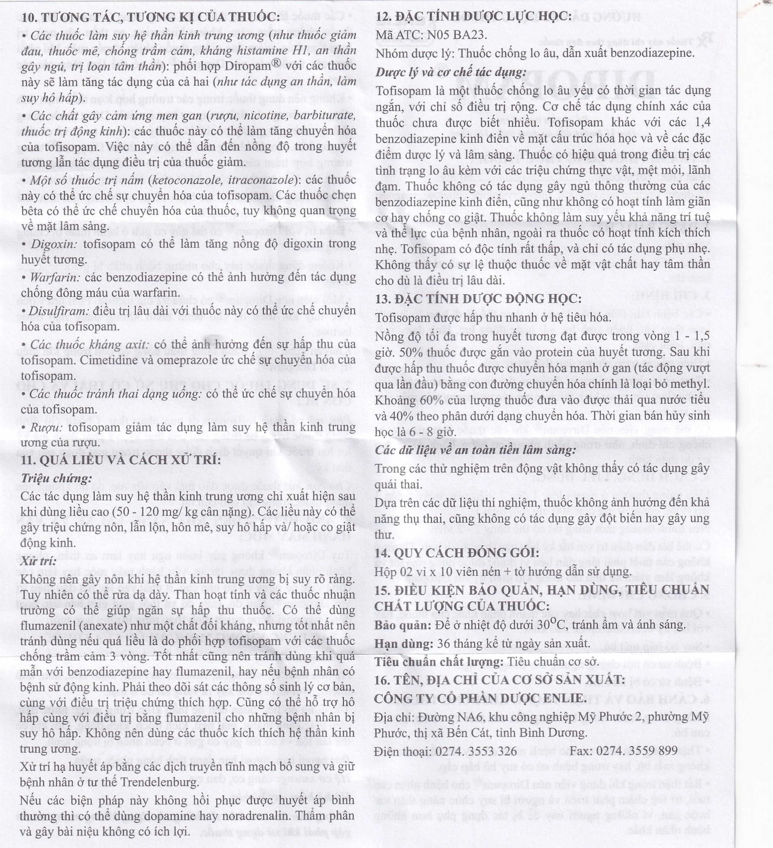 Thuốc Diropam 50mg Enlie điều trị triệu chứng đau thắt ngực giả, tiền mê sảng (2 vỉ x 10 viên)