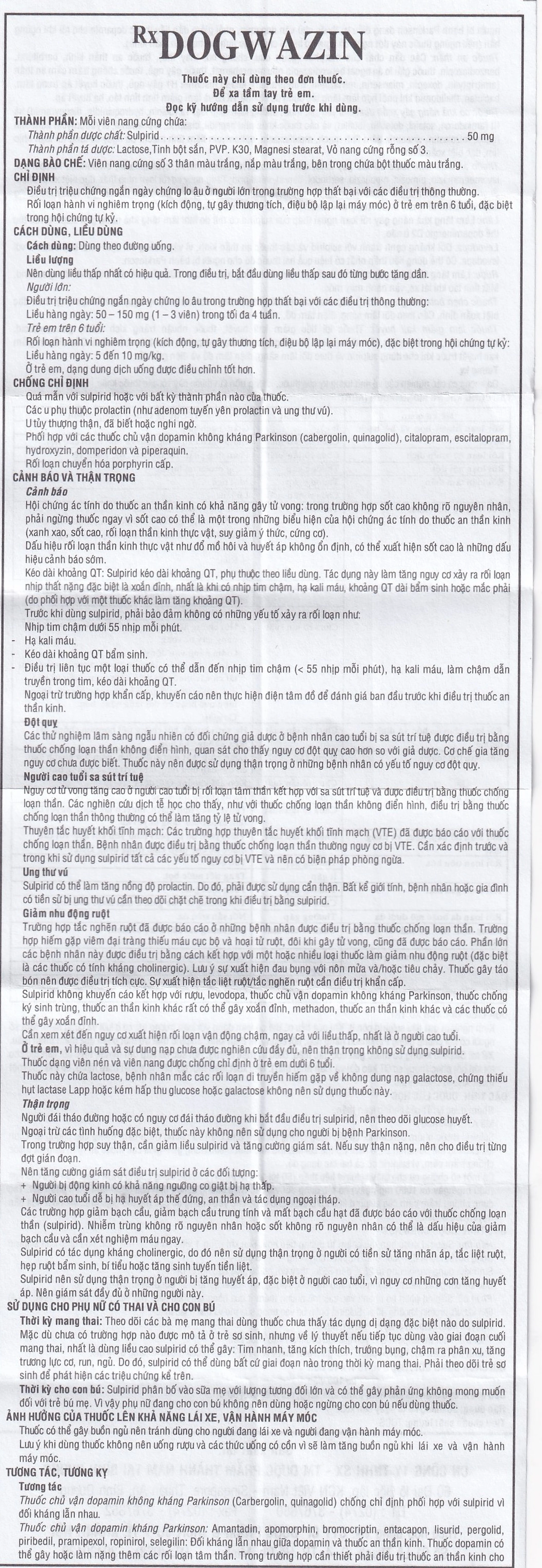 Thuốc Dogwazin Thành Nam điều trị các triệu chứng lo âu, rối loạn hành vi nặng (3 vỉ x 10 viên)