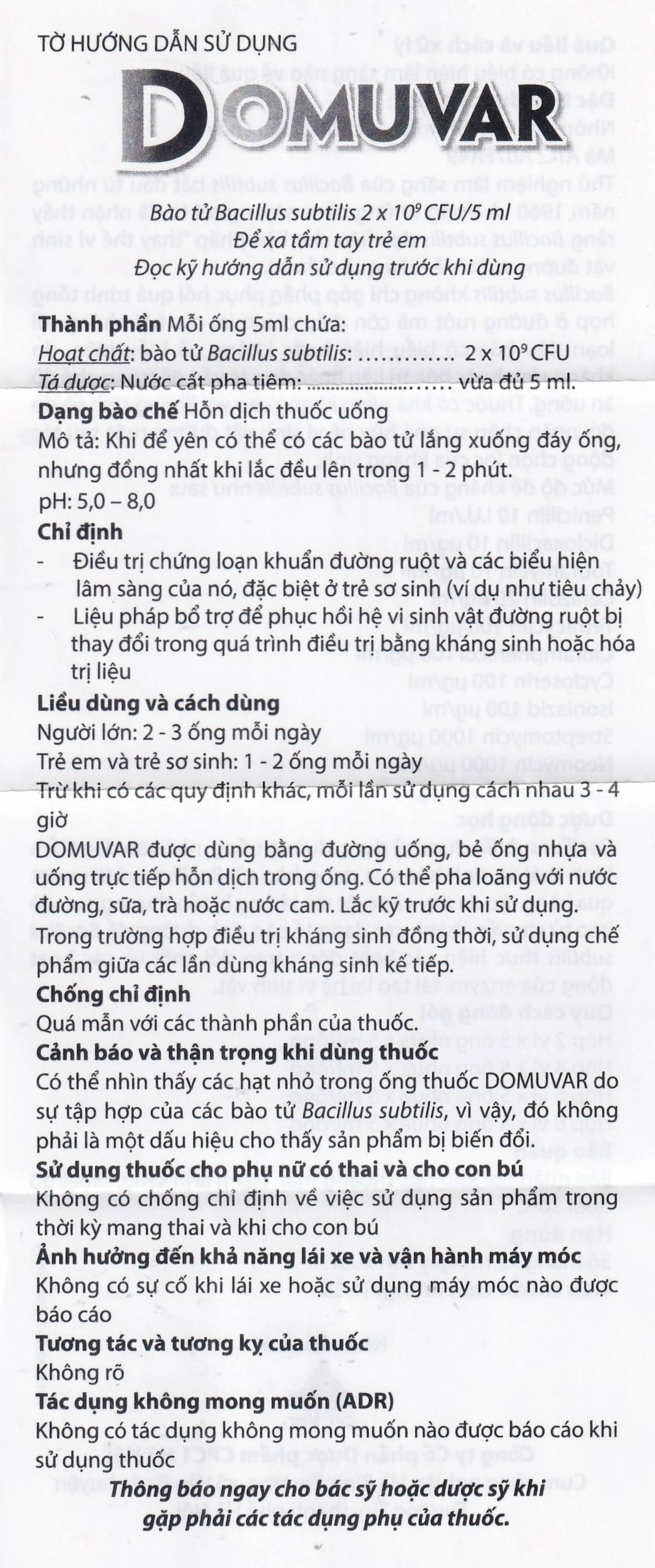 Thuốc Domuvar CPC1 điều trị và phòng ngừa rối loạn hệ vi sinh vật đường ruột (8 vỉ x 5 ống)