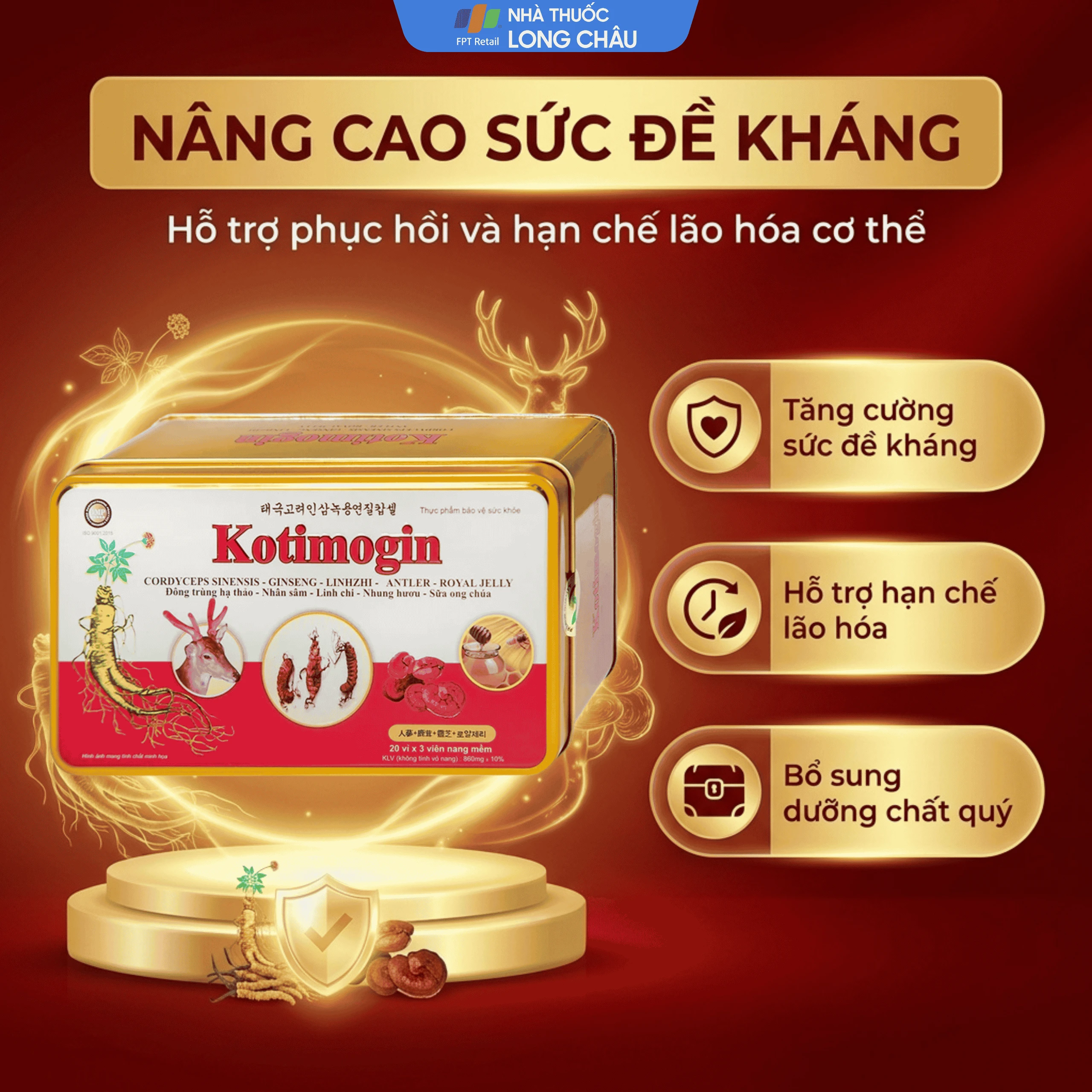 Viên uống Sâm - Đông Trùng Hạ Thảo tăng cường sức khỏe, tăng sức đề kháng Kotimogin (20 vỉ x 3 viên) 2