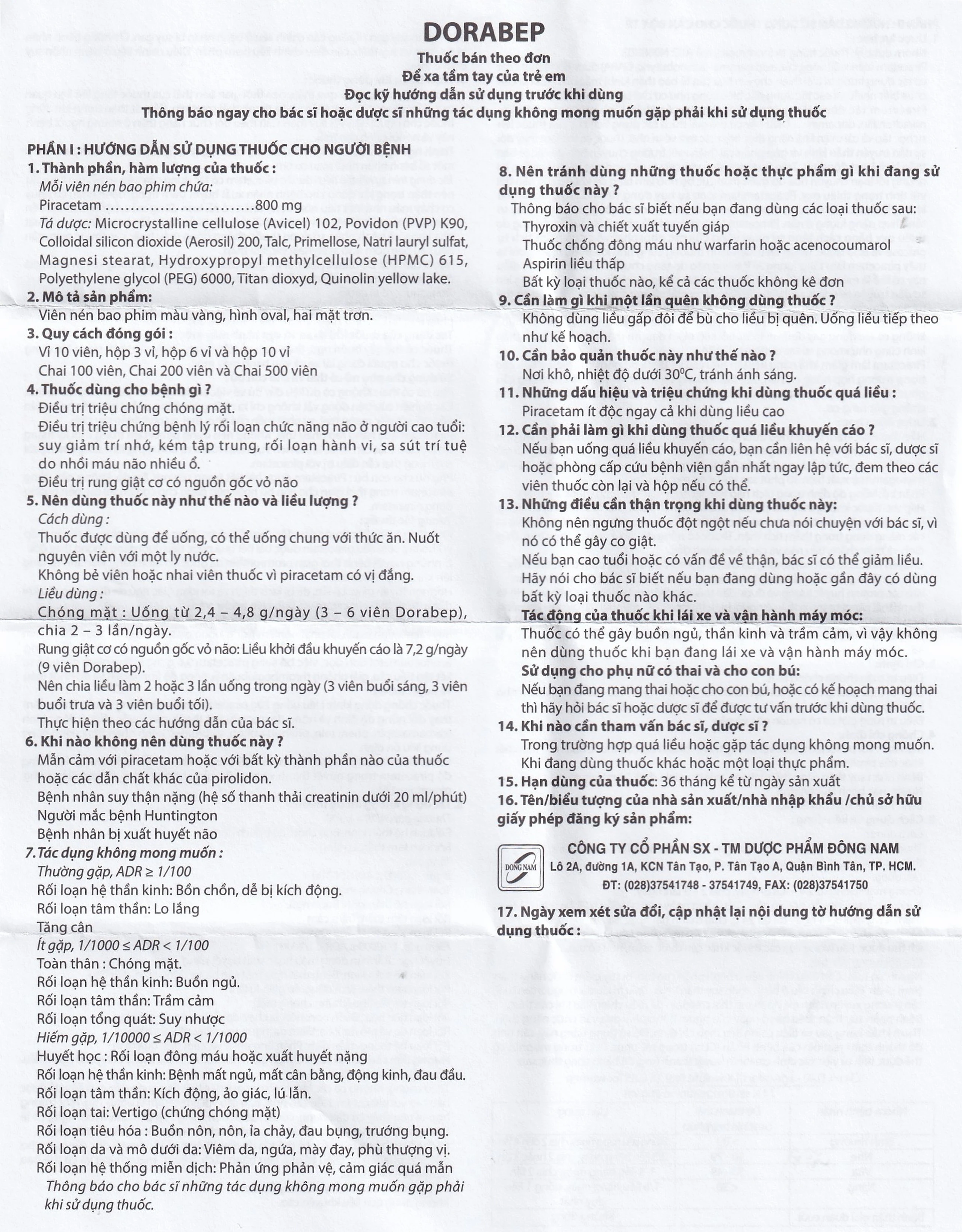 Thuốc Dorabep 800mg Đông Nam điều trị triệu chứng chóng mặt (10 vỉ x 10 viên)