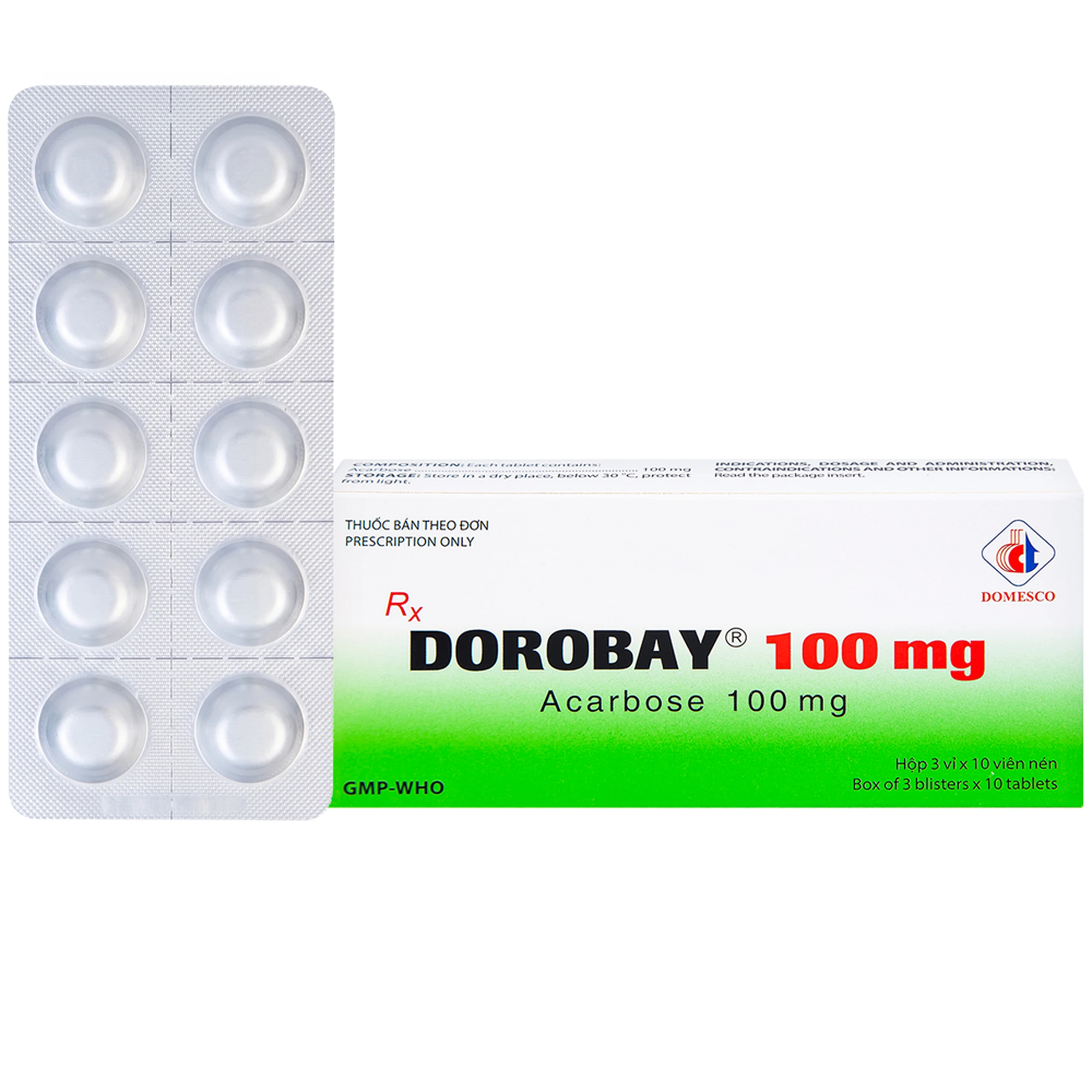 Thuốc Dorobay 100mg Domesco điều trị đái tháo đường típ 2 (3 vỉ x 10 viên) 1