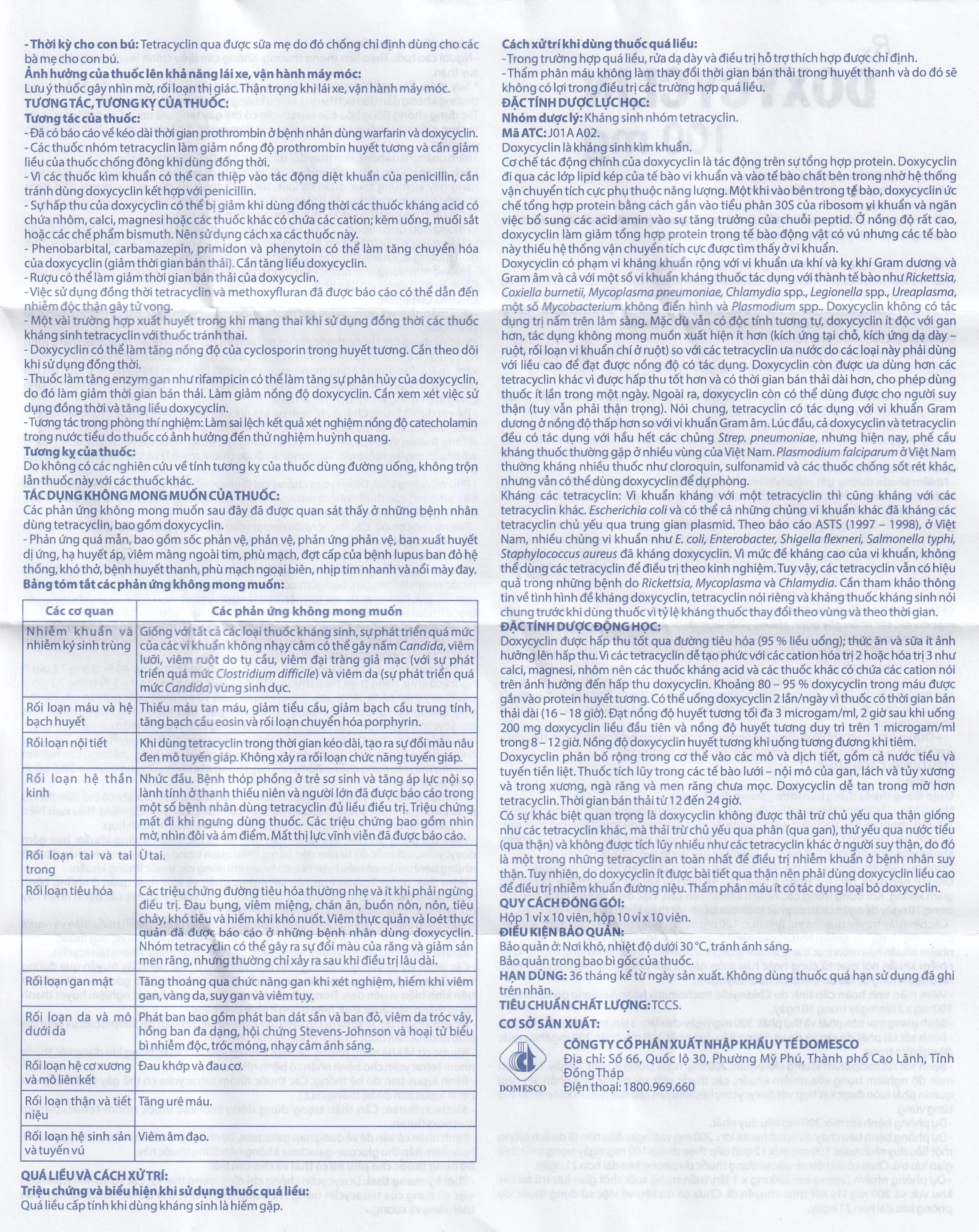 Thuốc Doxycyclin 100mg Domesco điều trị nhiễm khuẩn (10 vỉ x 10 viên)