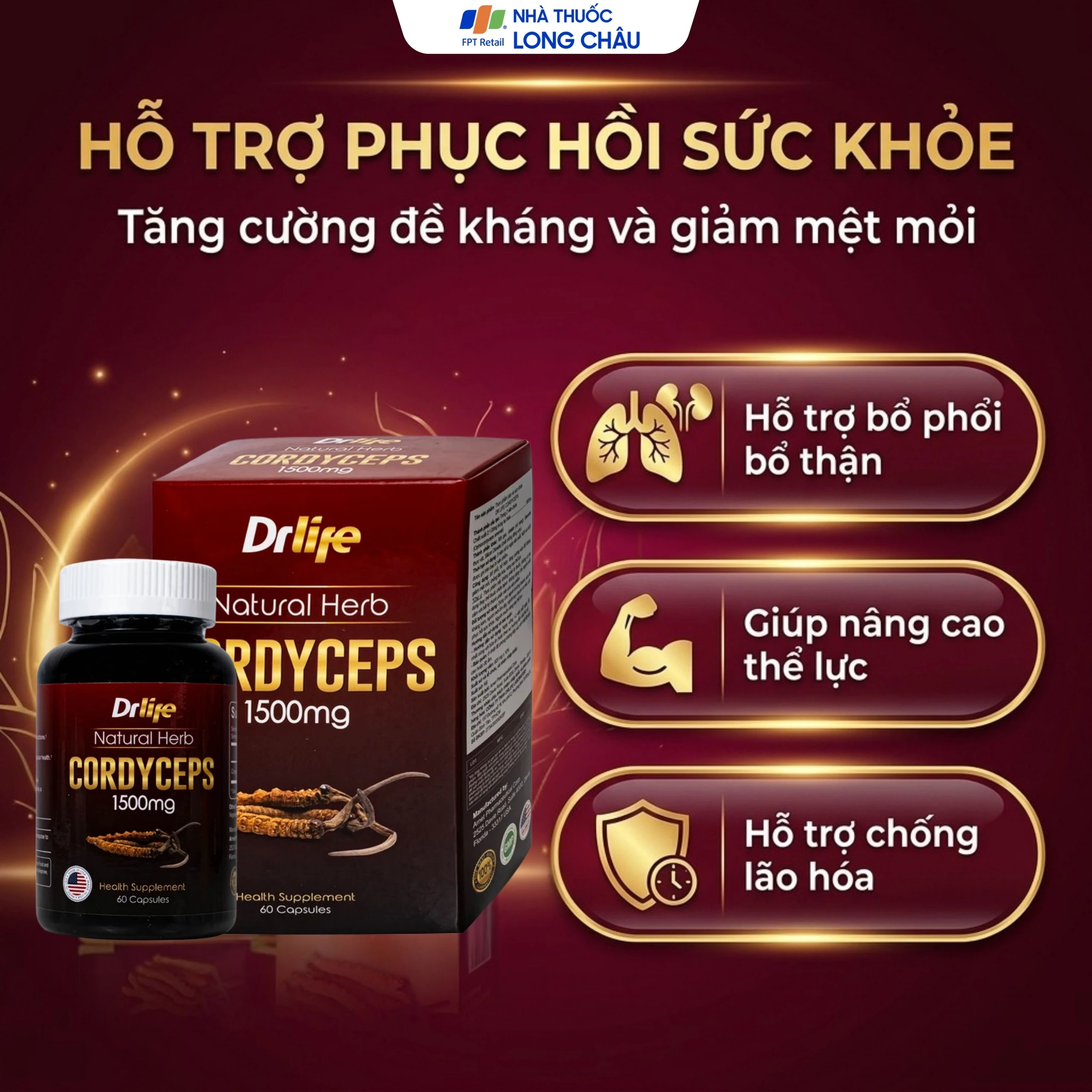 Viên uống Đông Trùng Hạ Thảo tăng cường sức đề kháng, giảm mệt mỏi DrLife Cordyceps 1500mg (60 viên) 3