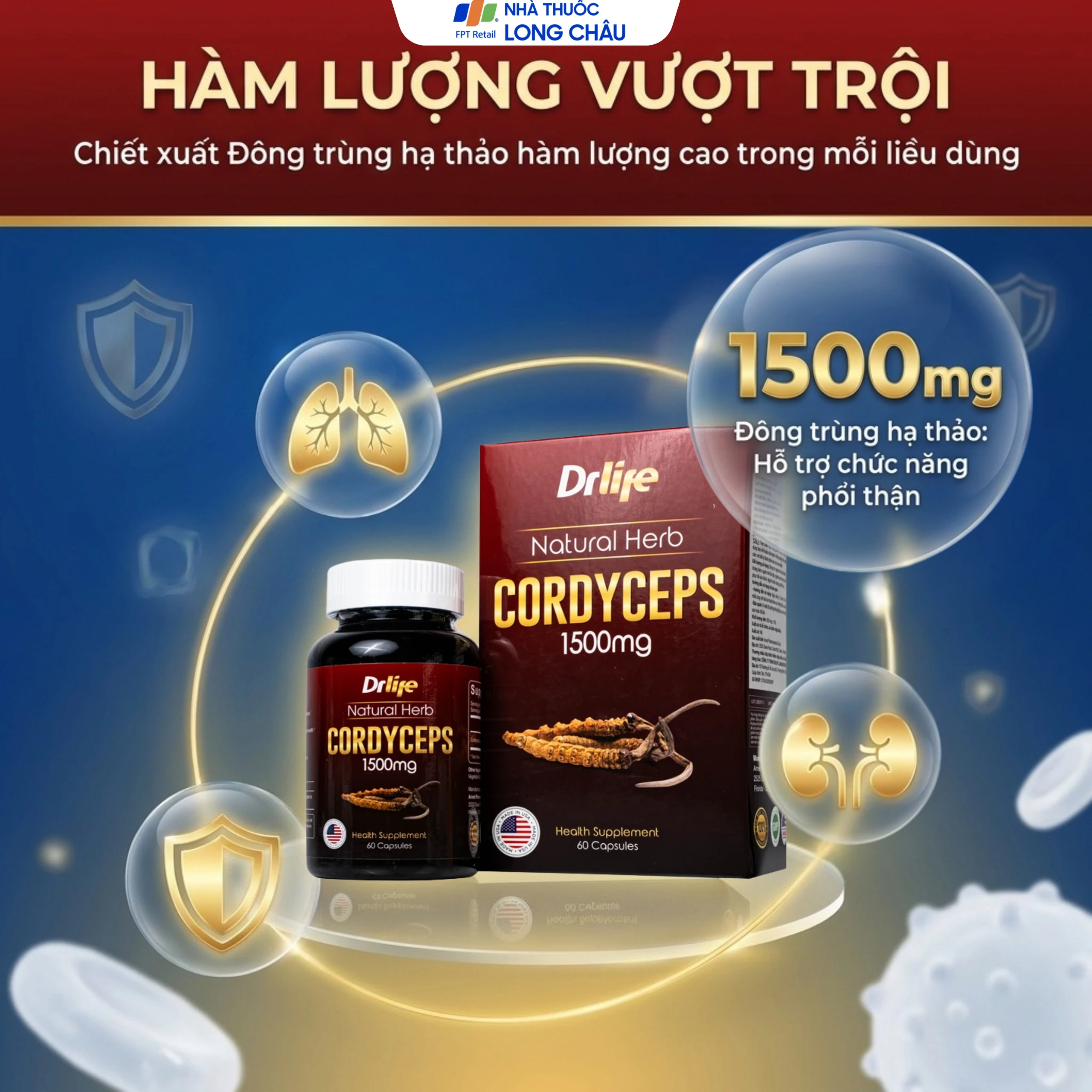 Viên uống Đông Trùng Hạ Thảo tăng cường sức đề kháng, giảm mệt mỏi DrLife Cordyceps 1500mg (60 viên) 3