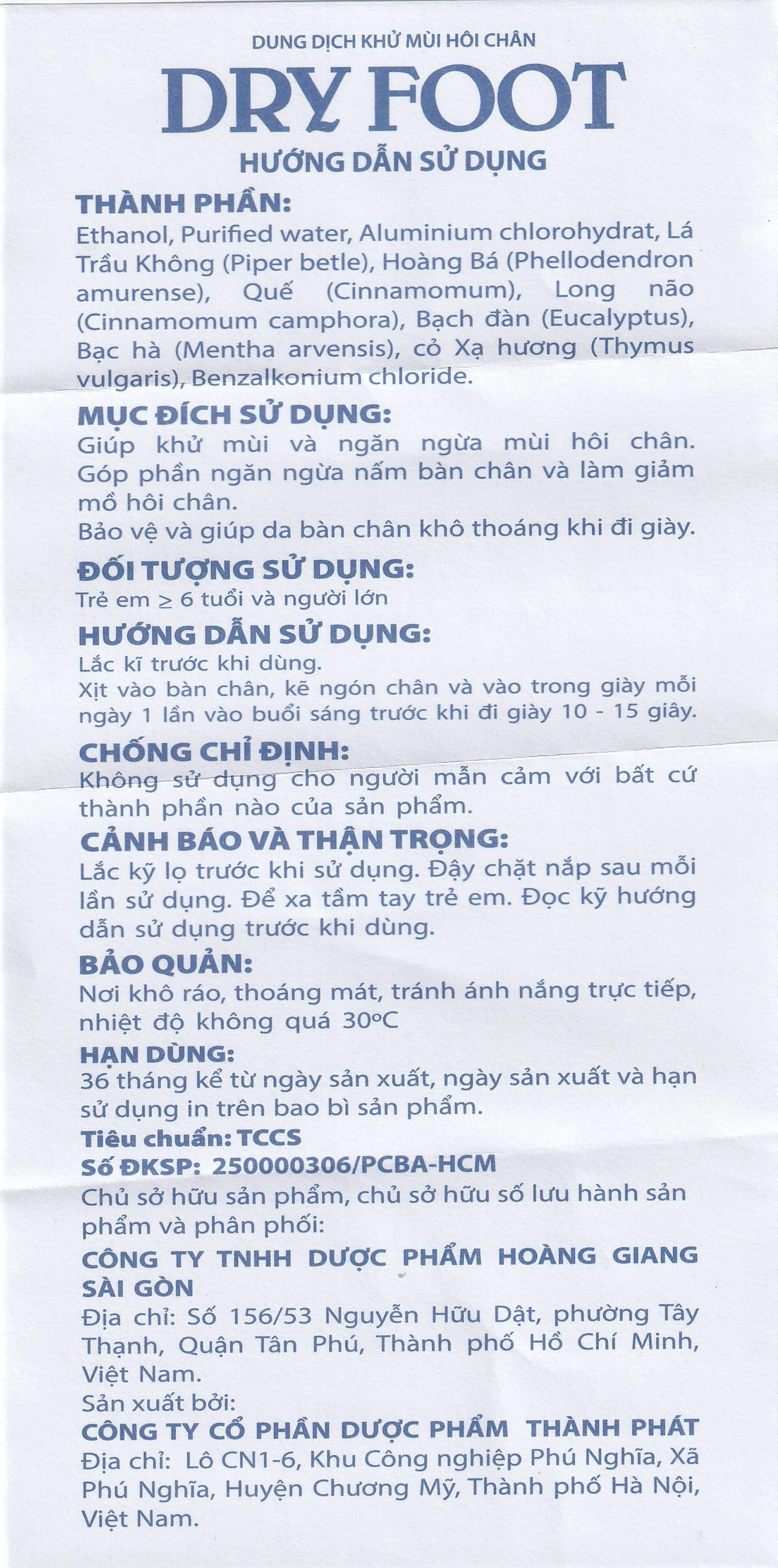 Xịt khử mùi Dry foot HGSG 50ml giúp khử mùi và ngăn ngừa hôi chân, nấm chân, giảm mồ hôi