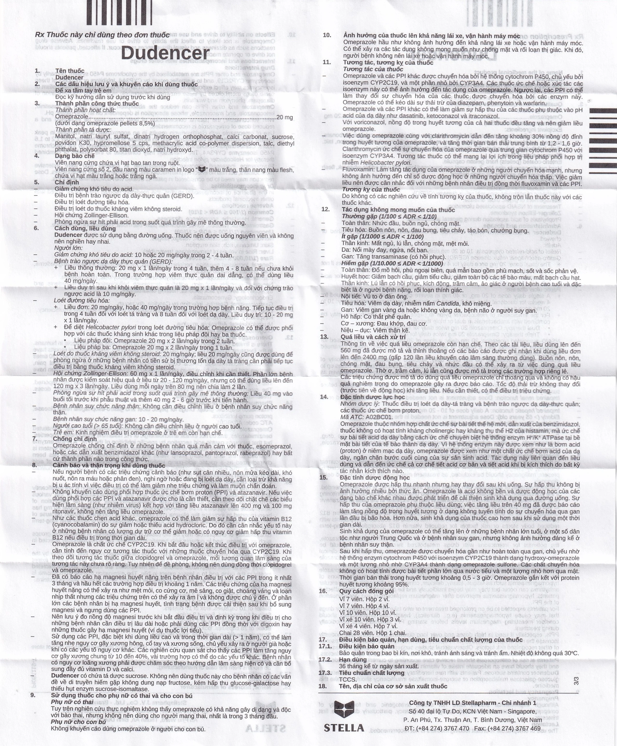 Thuốc Dudencer Stella giảm triệu chứng khó tiêu do acid (3 vỉ x 10 viên)