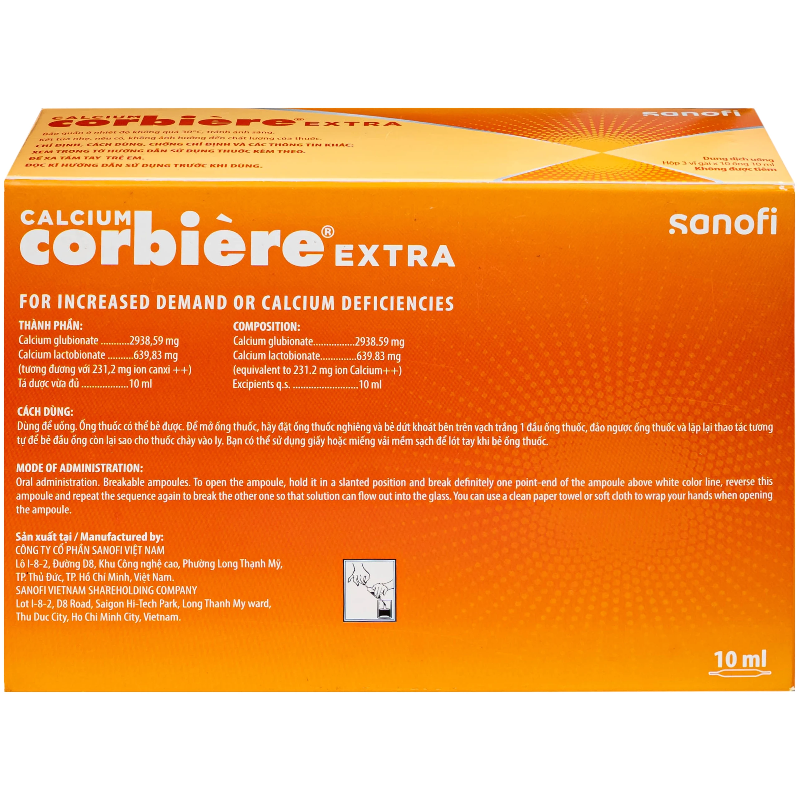 Dung dịch uống Calcium Corbière Extra Sanofi bổ sung canxi, hỗ trợ điều trị loãng xương (3 vỉ x 10 ống x 10ml) 3