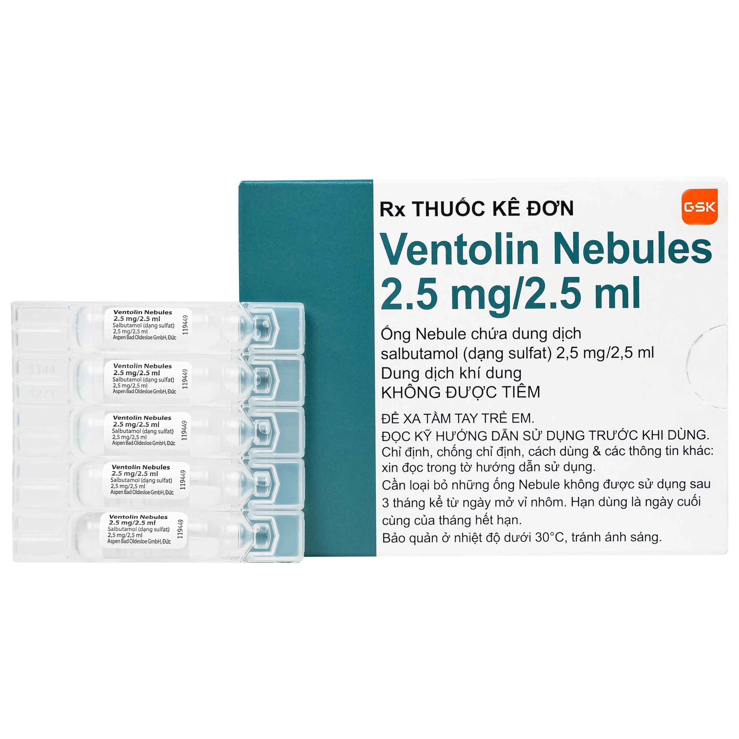 Dung dịch khí dung Ventolin Nebules 2.5mg GSK điều trị, ngăn ngừa co thắt phế quản (4 vỉ x 5 ống)