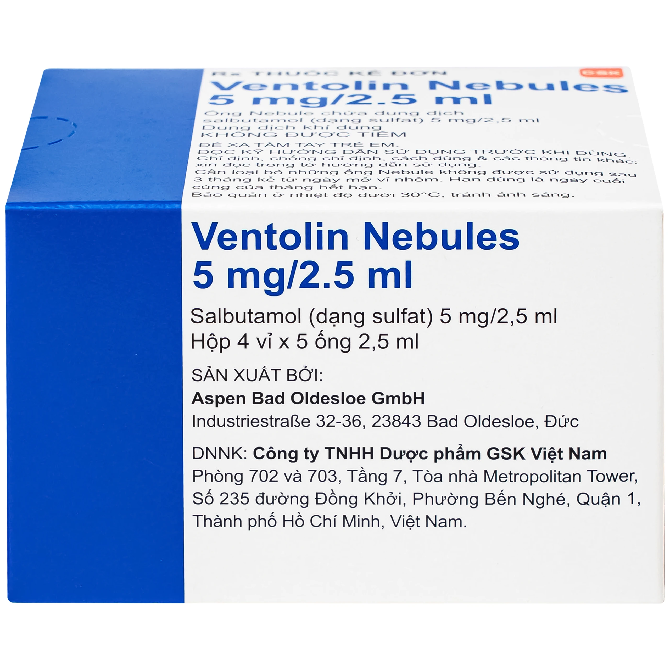 Dung dịch khí dung Ventolin Nebules 5mg GSK điều trị hoặc ngăn ngừa co thắt phế quản (4 vỉ x 5 ống)