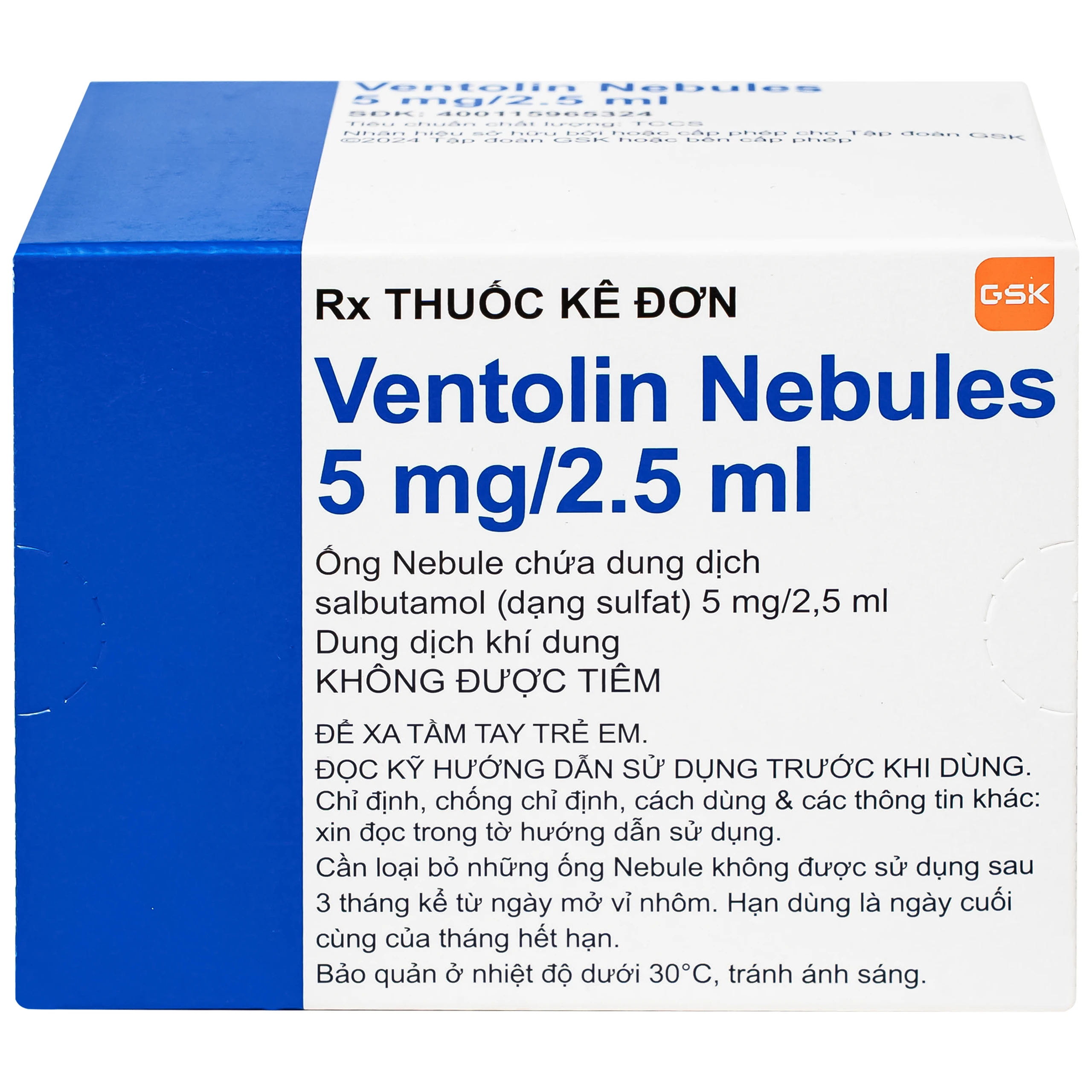 Dung dịch khí dung Ventolin Nebules 5mg GSK điều trị hoặc ngăn ngừa co thắt phế quản (4 vỉ x 5 ống)