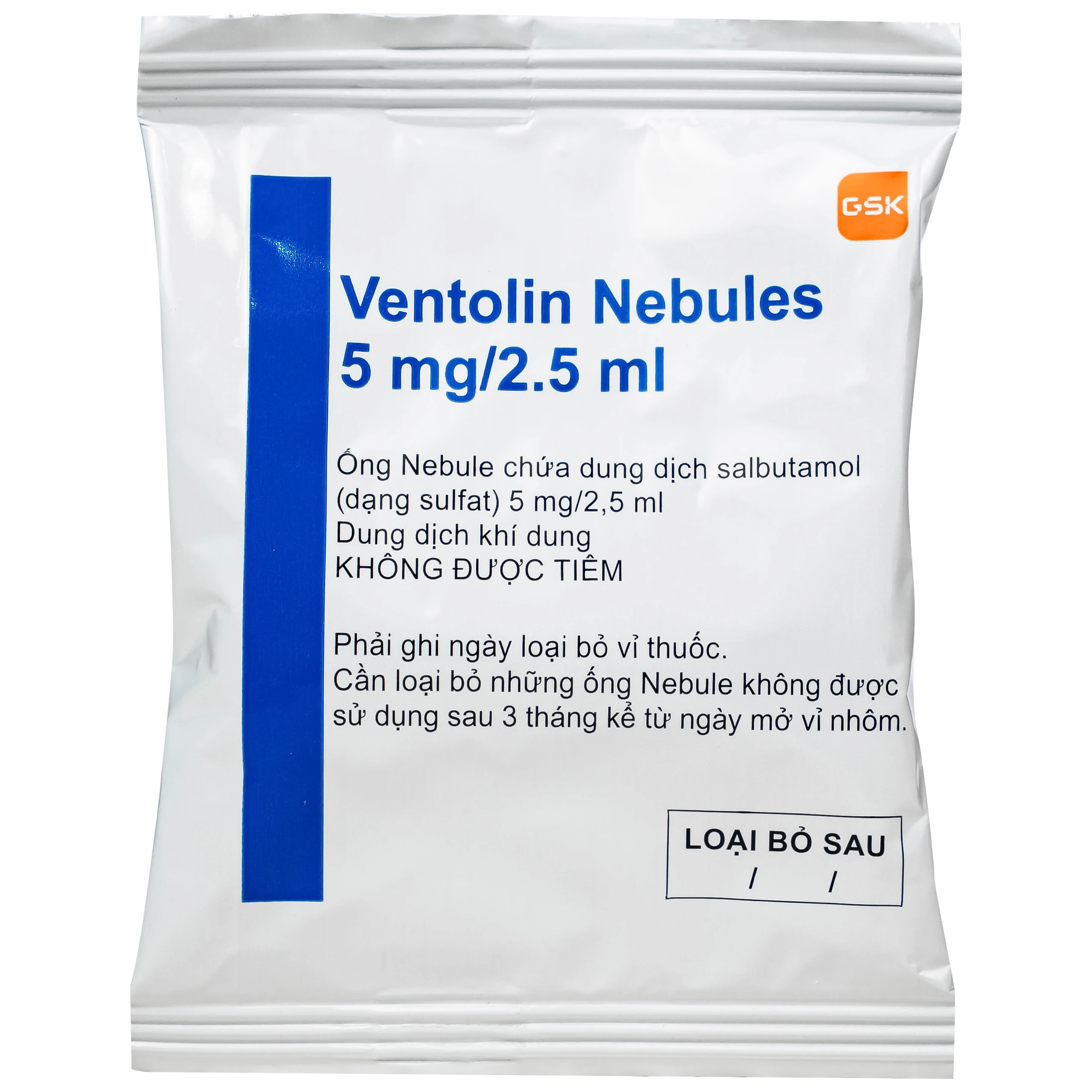 Dung dịch khí dung Ventolin Nebules 5mg GSK điều trị hoặc ngăn ngừa co thắt phế quản (4 vỉ x 5 ống)
